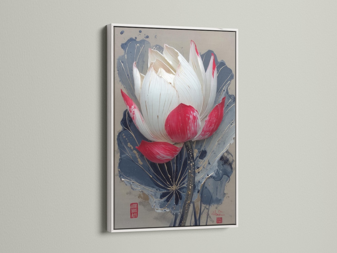 Lotus flower painting with white and red petals over deep blue leaves and gold speckles detail view