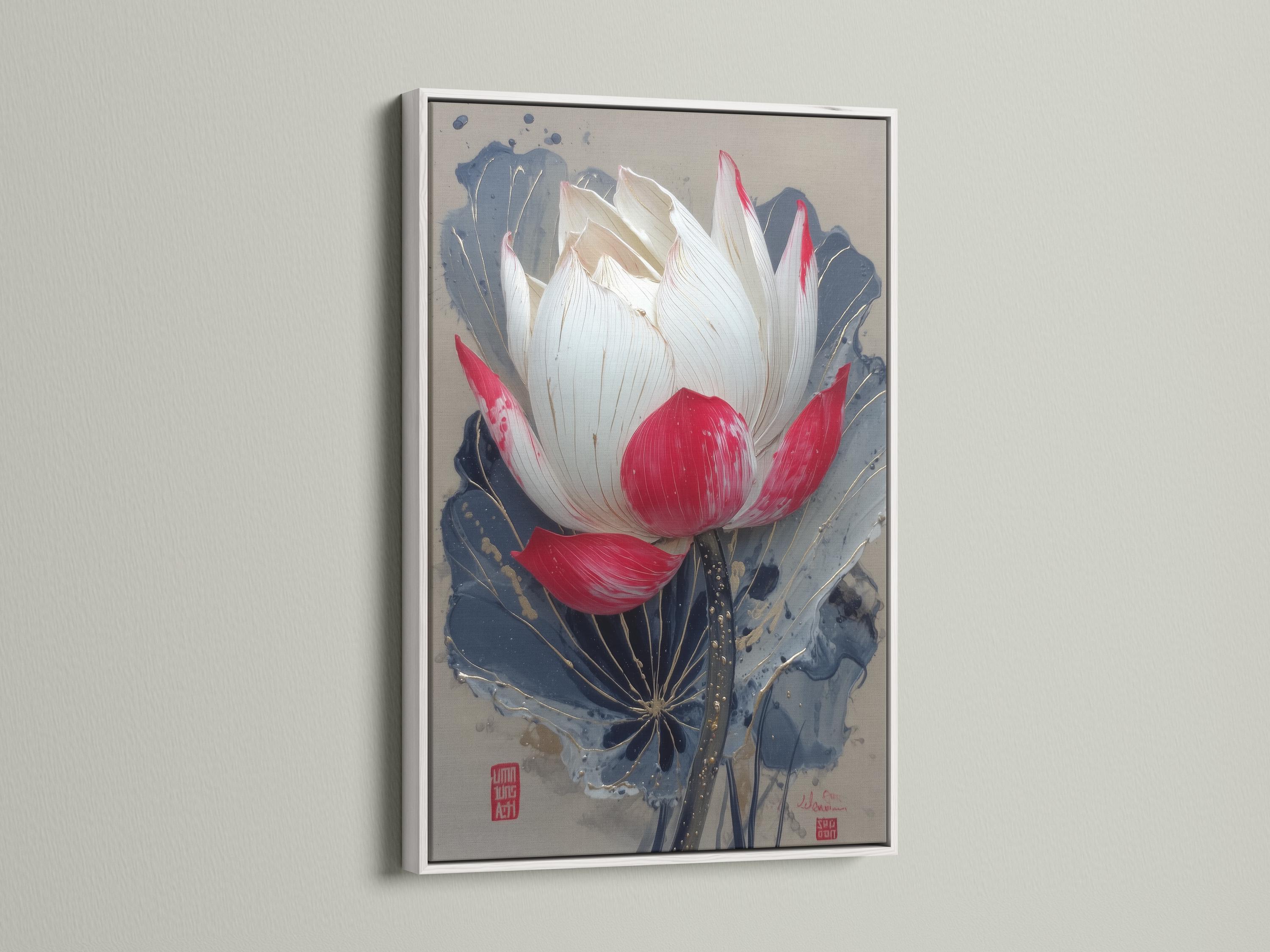Lotus flower painting with white and red petals over deep blue leaves and gold speckles detail view