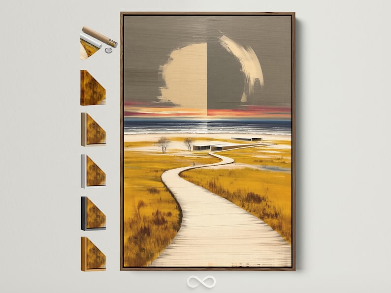 Minimalist coastal seascape showing a winding boardwalk path to the sea in beige and grey tones