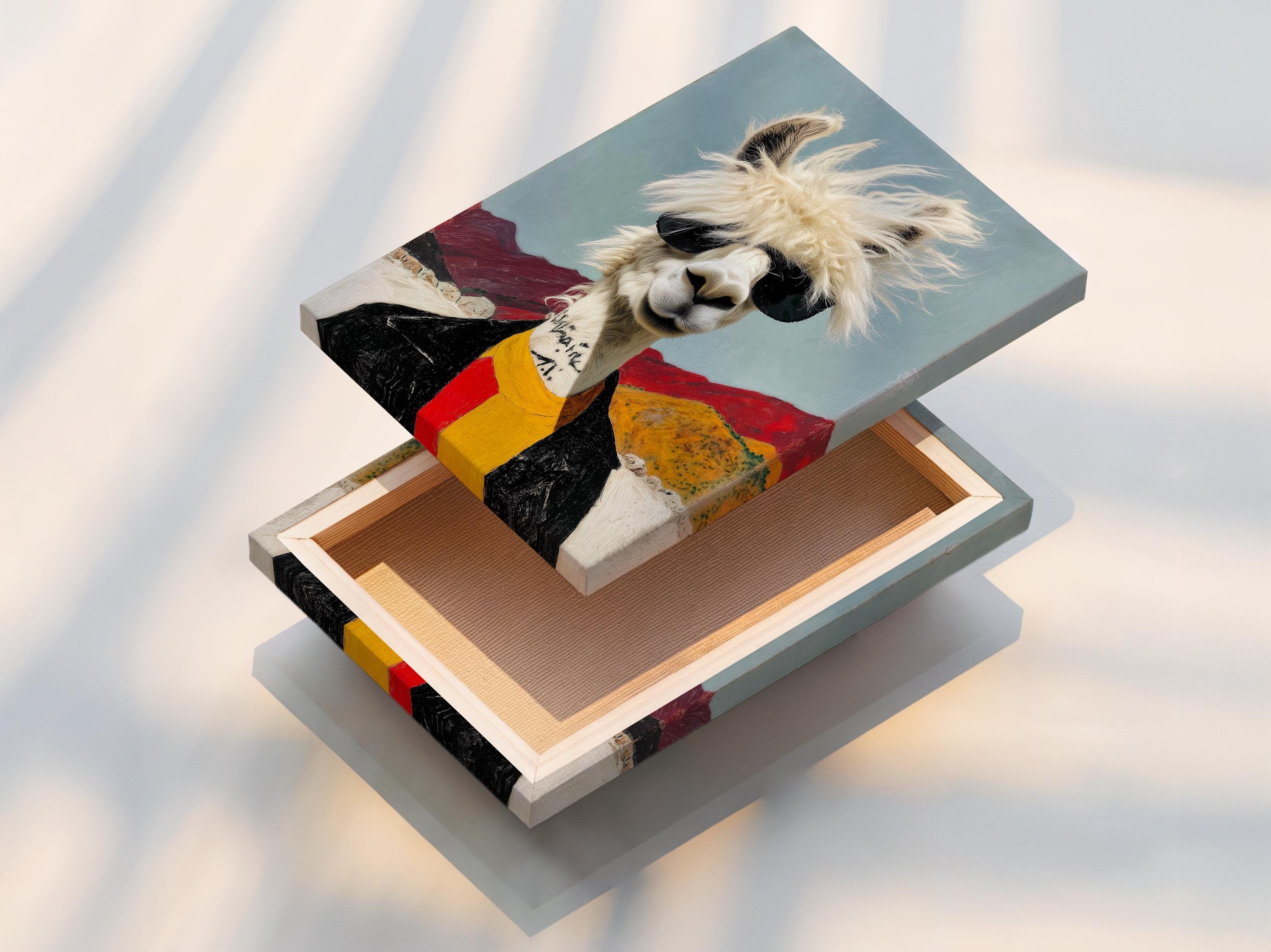 Stylised llama wearing black sunglasses with a fluffy mane and red and yellow scarf in a desert scene detail view