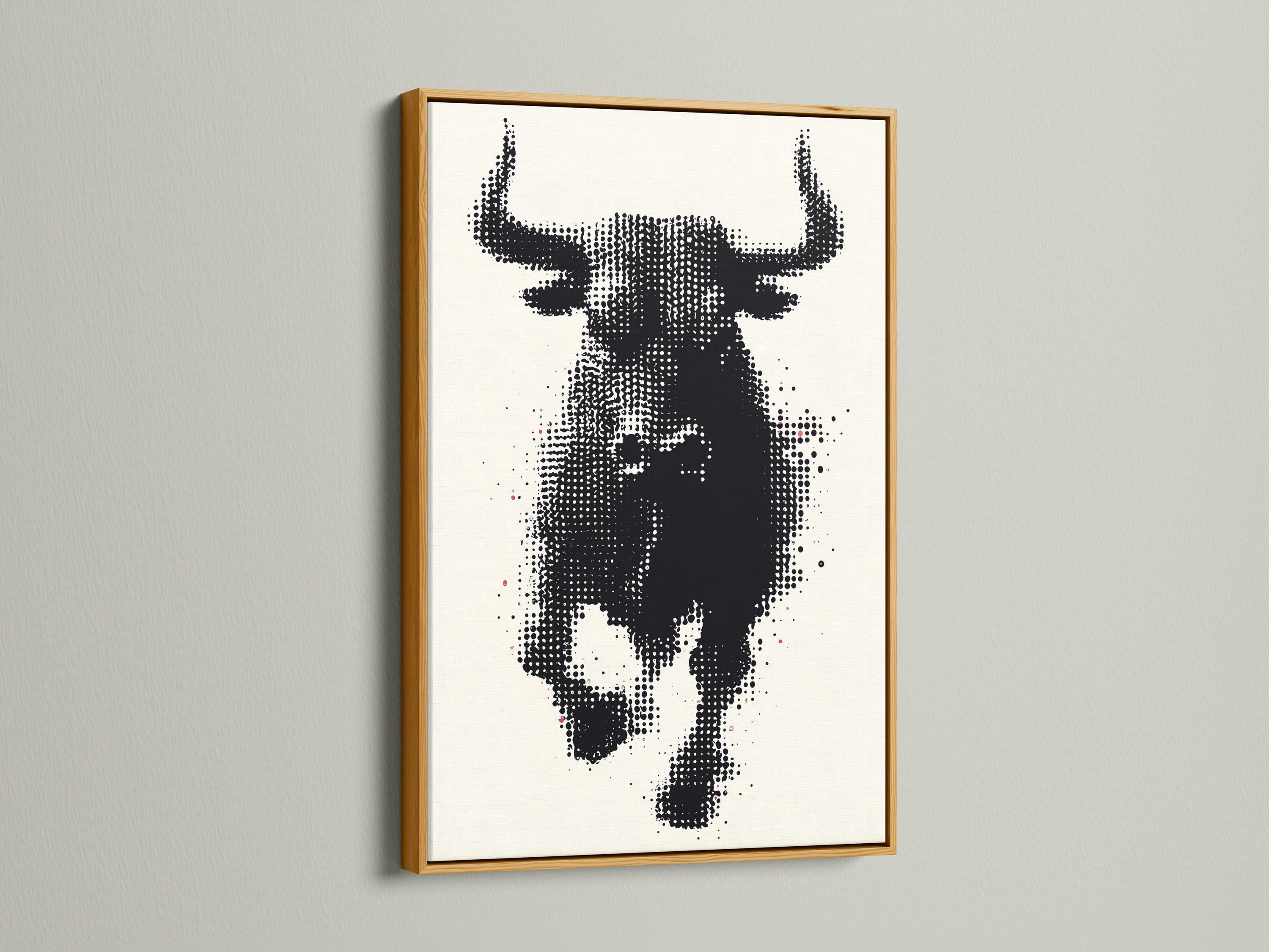 Black and white halftone bull head artwork with horns detail view