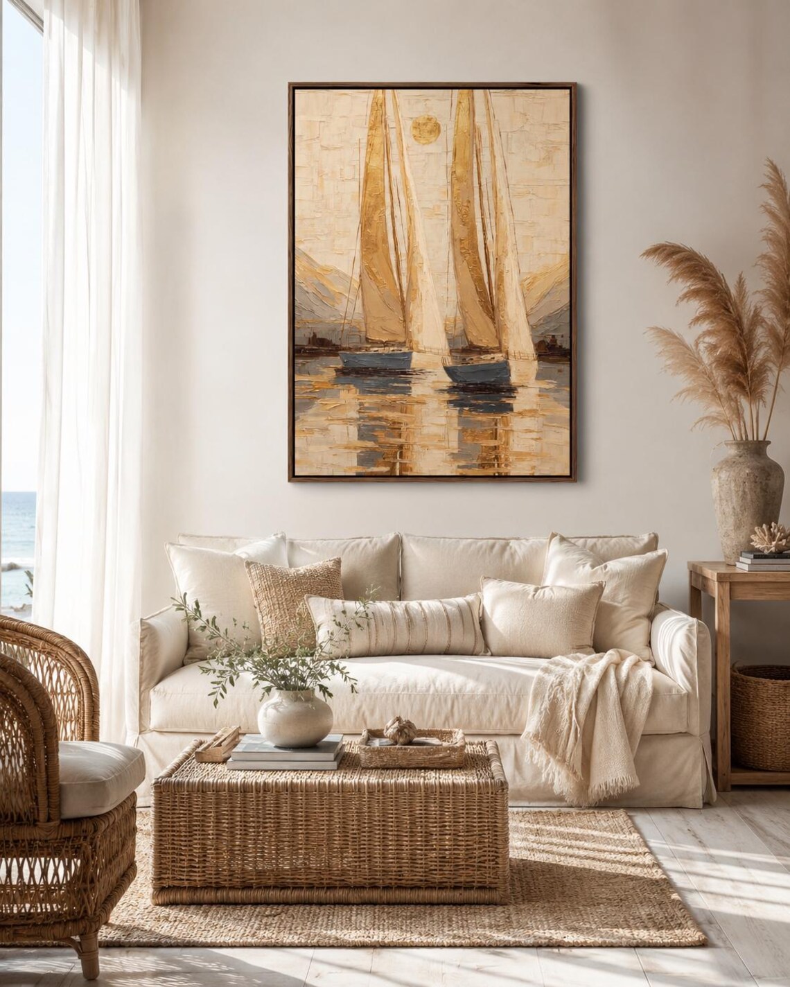 A framed nautical sailboat seascape painting on a wall above a dark sofa in a wood interior