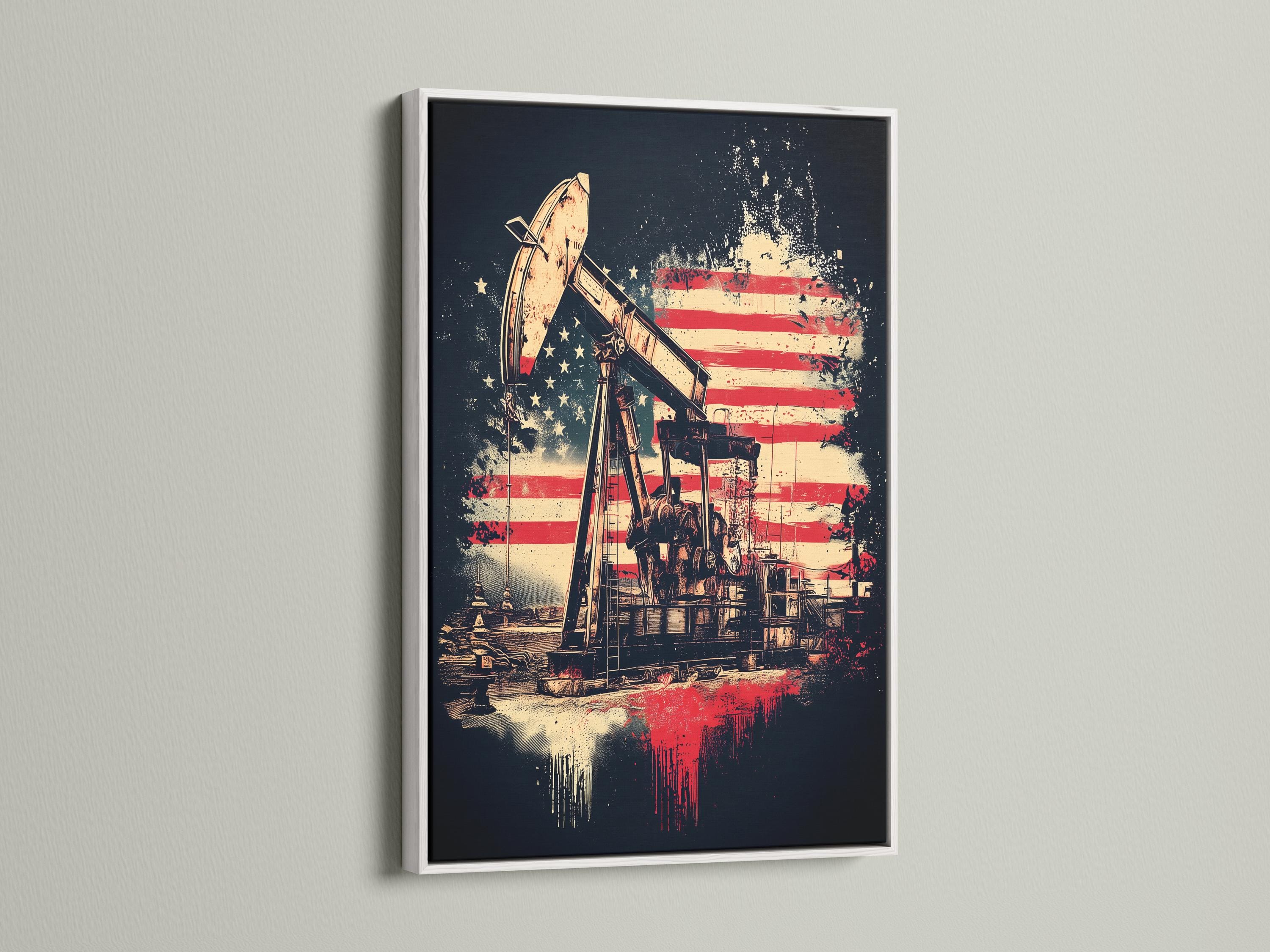 Oil rig with an American flag backdrop in red, white and blue, shown in a distressed industrial style detail view