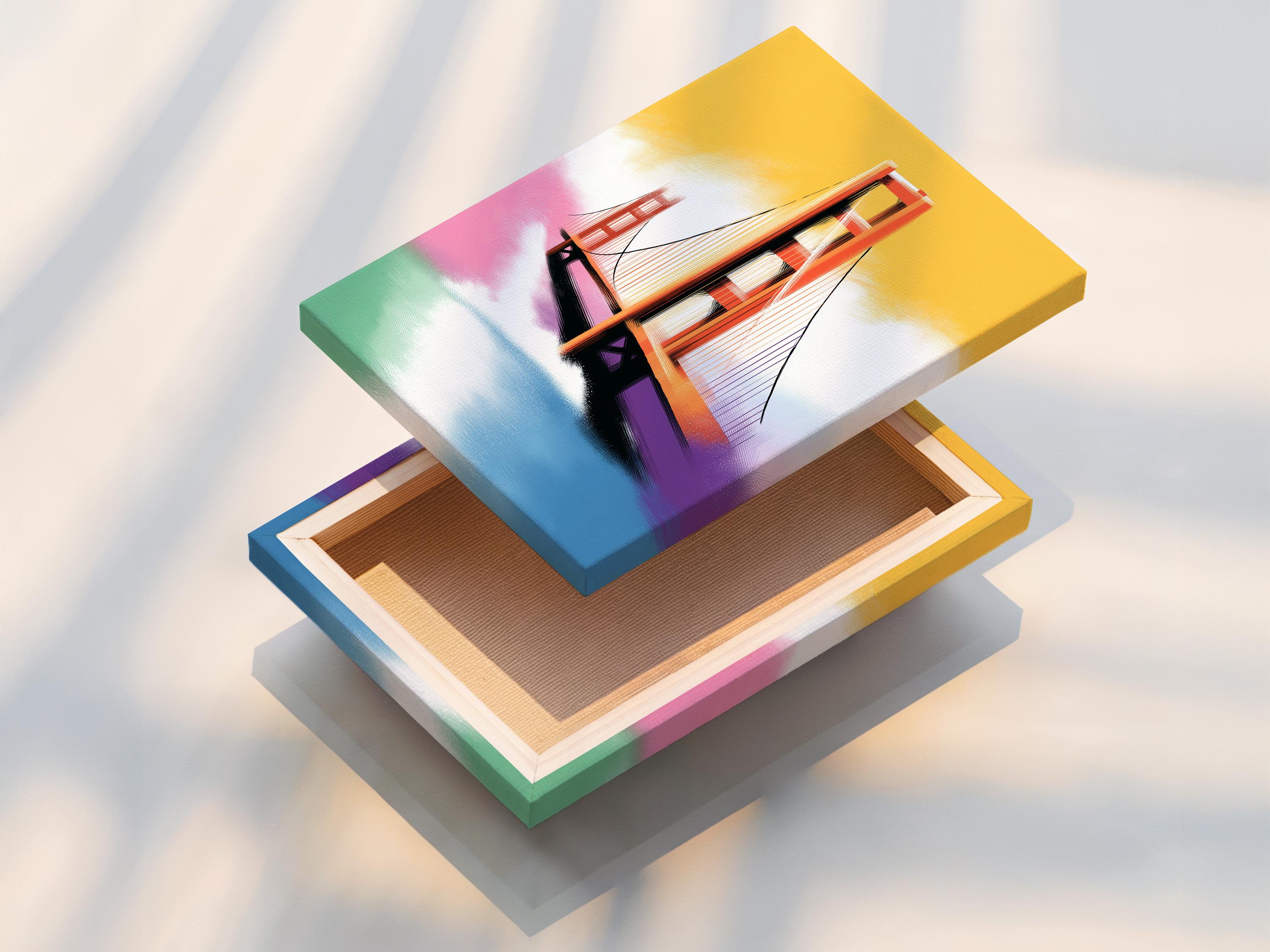 Bridge artwork in a framed display on a light background, with small colour swatches shown around it