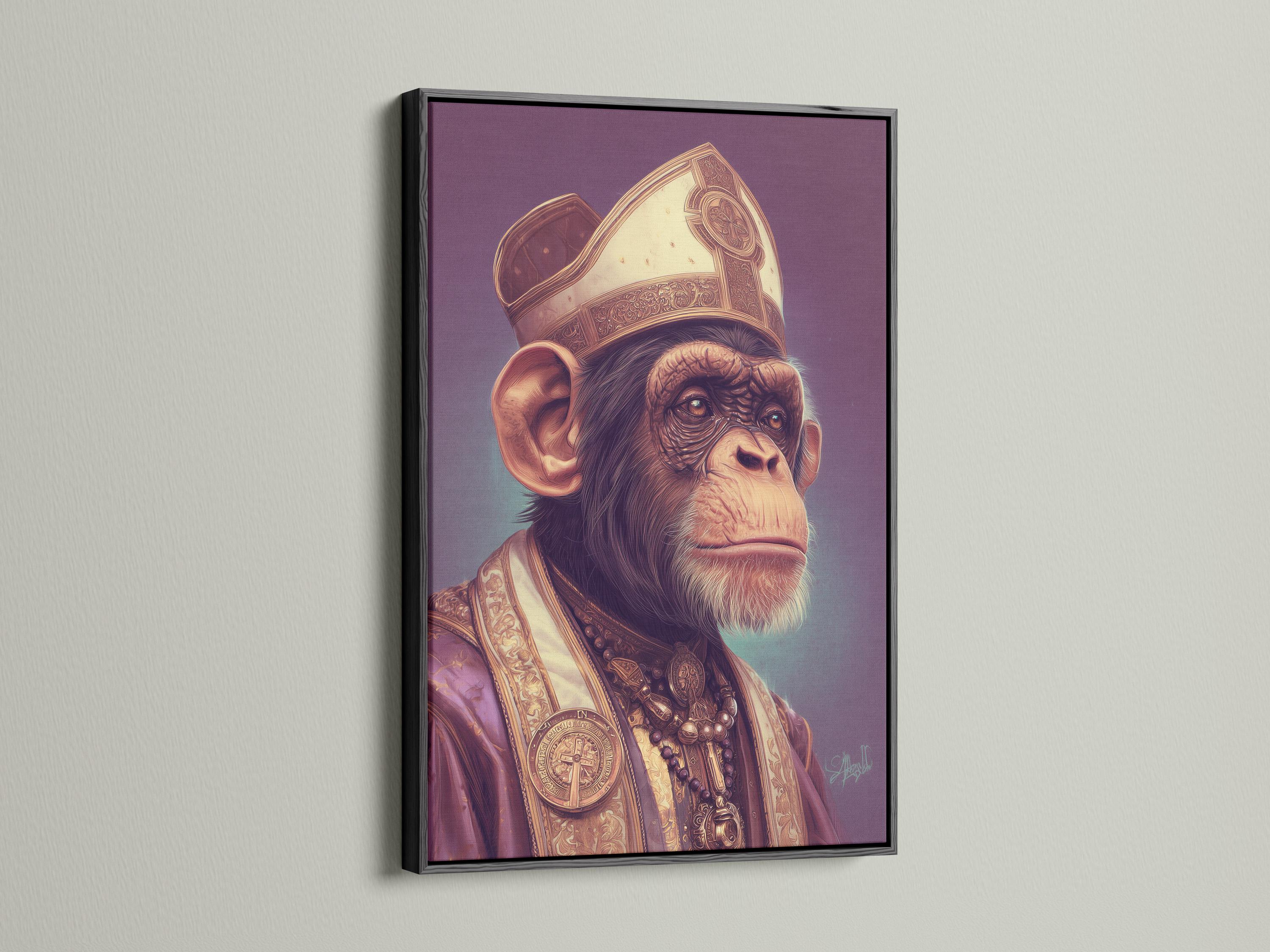 Portrait of a primate wearing an ornate mitre and robes with gold emblem details on a purple background detail view