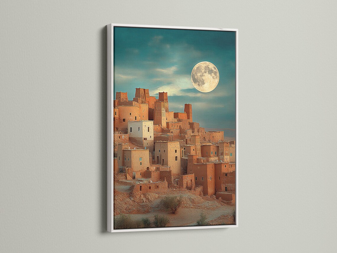 Moonlit desert village with warm buildings and a glowing full moon in a textured teal sky detail view