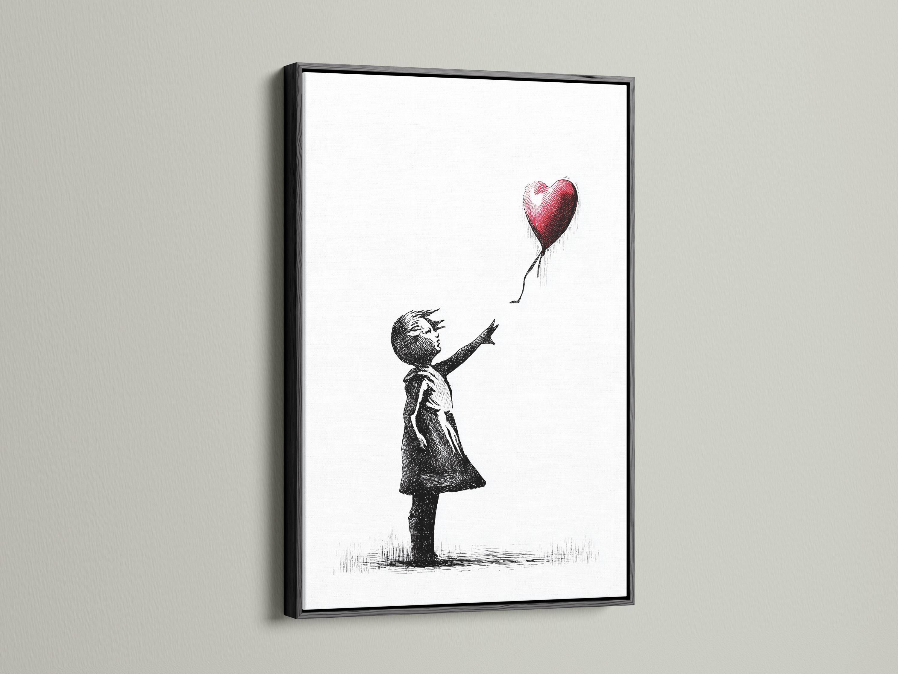 Room mockup showing a framed black and white girl sketch with a red heart balloon