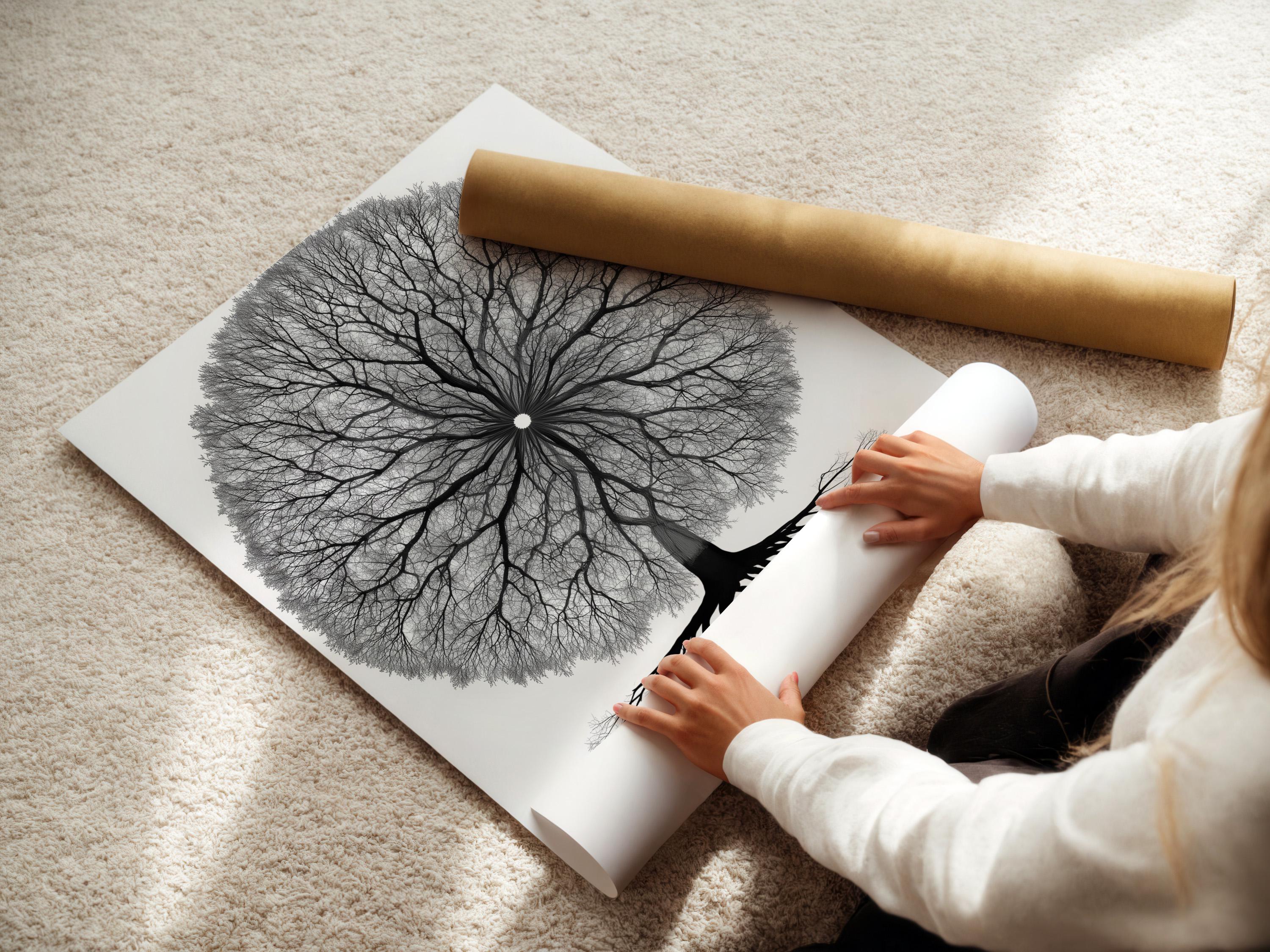 Monochrome tree of life artwork with a circular mandala-like canopy of branches and roots detail view