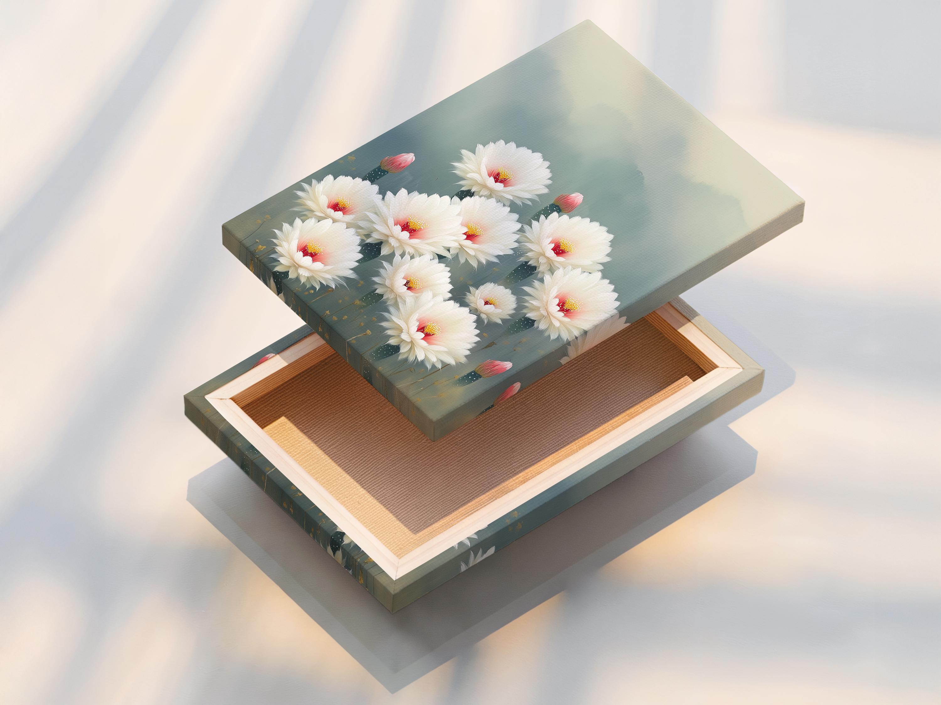 White cactus flowers with pink-red centres and gold specks on a blue-grey background detail view