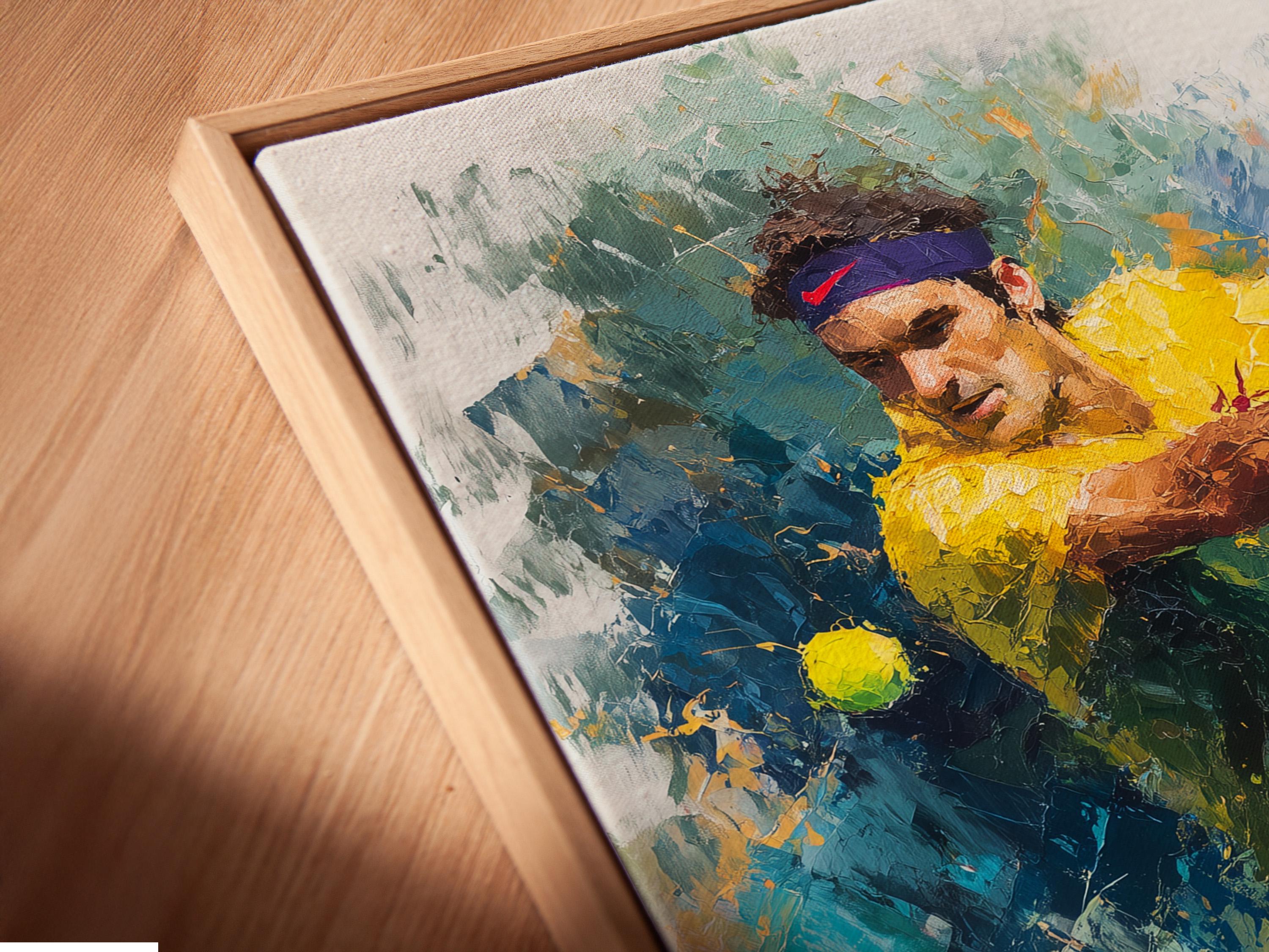 Abstract tennis player artwork in blue, teal, green and yellow with a sweeping racket arc detail view