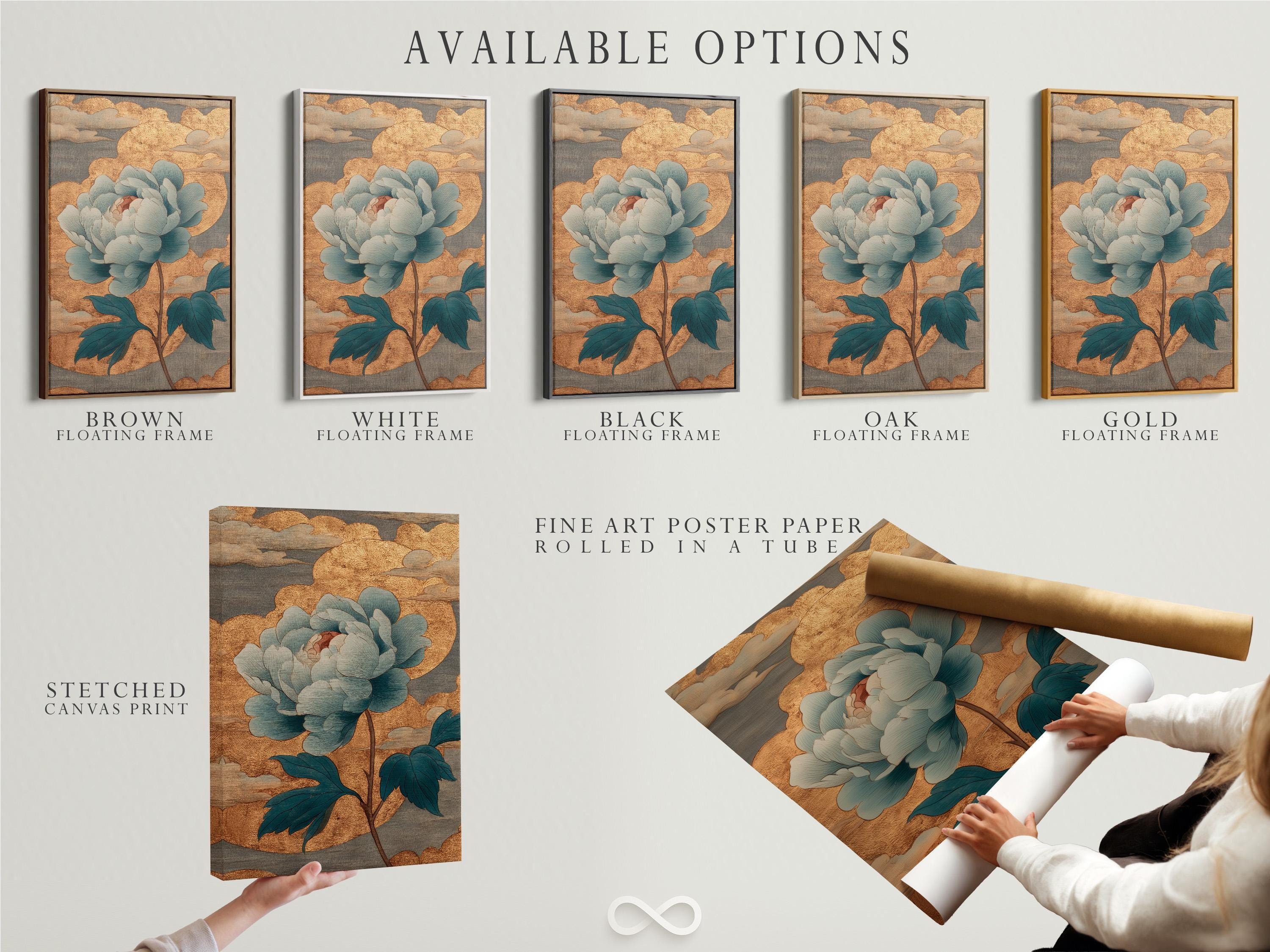 Teal and gold floral artwork with layered petals and leaves on a textured gold background detail view