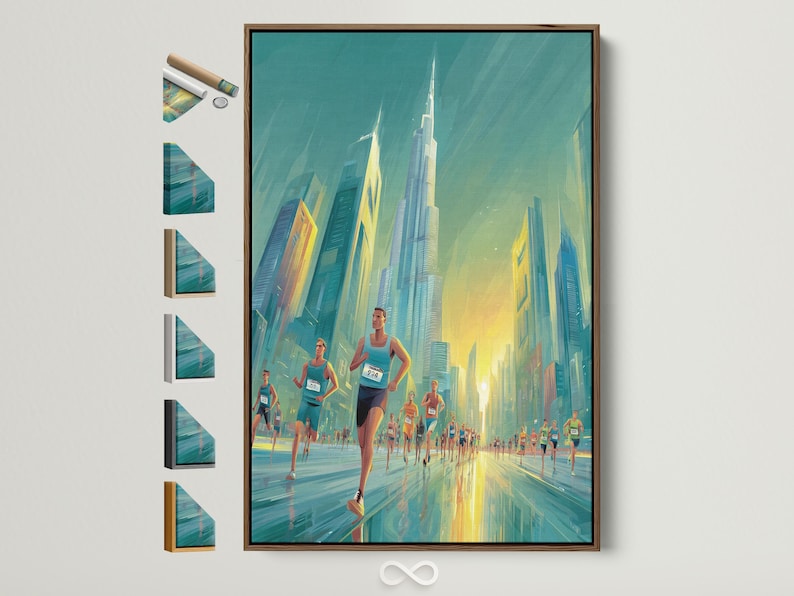 Teal and yellow marathon city scene with runners running between skyscrapers