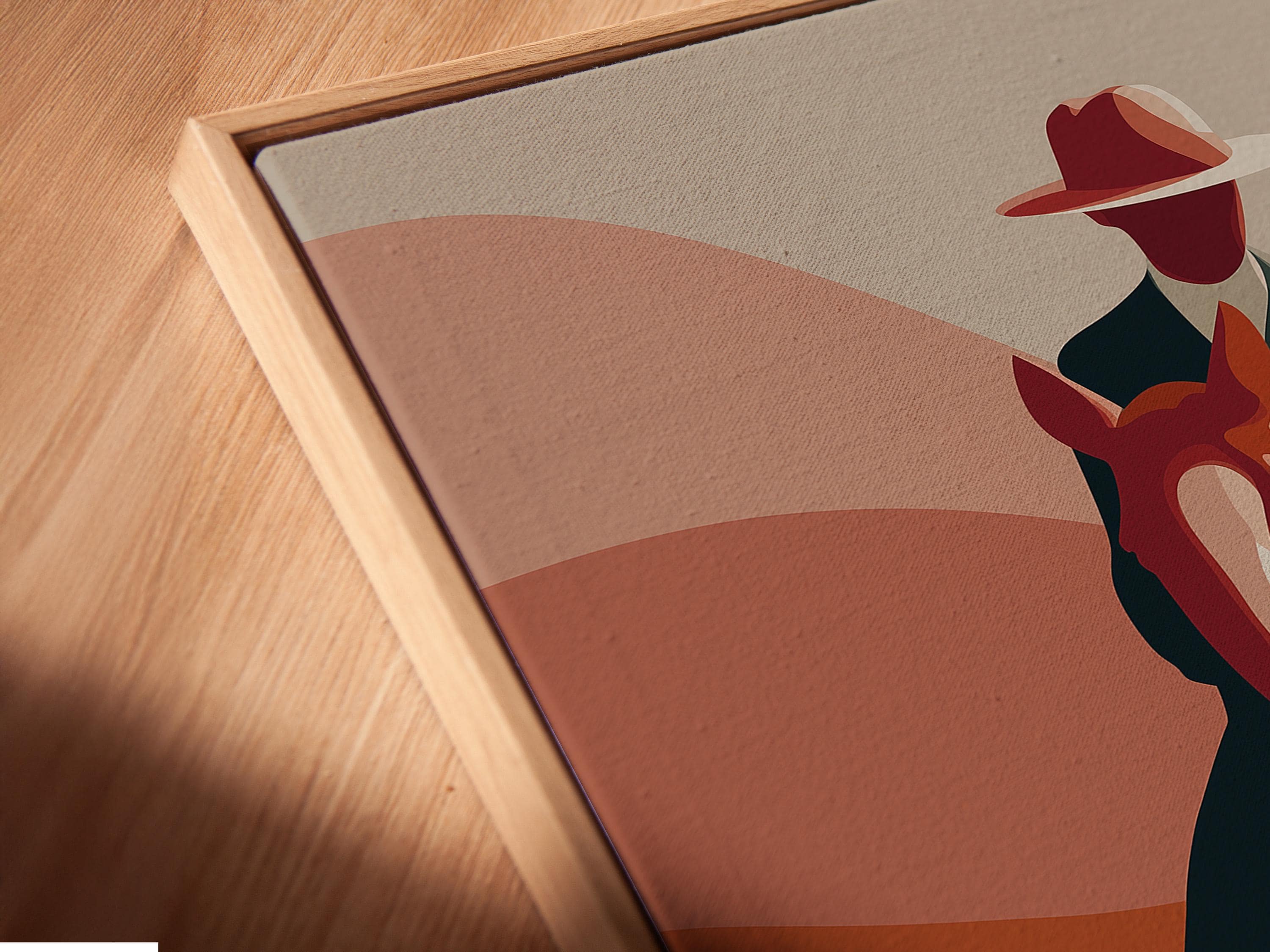 Mockup of a framed artwork showing a cowboy riding a rearing horse against terracotta hills