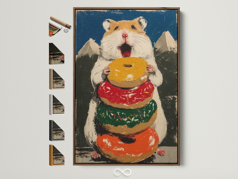 Painted hamster holding a large donut with red, green and gold accents
