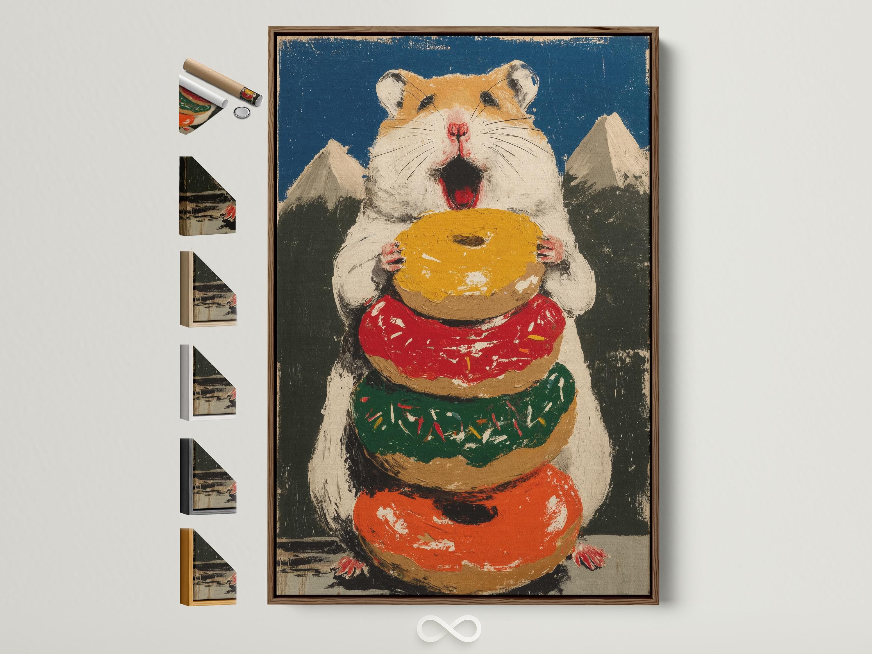 Painted hamster holding a large donut with red, green and gold accents