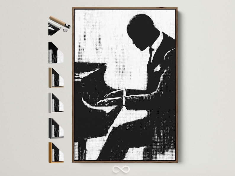 Black-and-white halftone musician silhouette holding a microphone