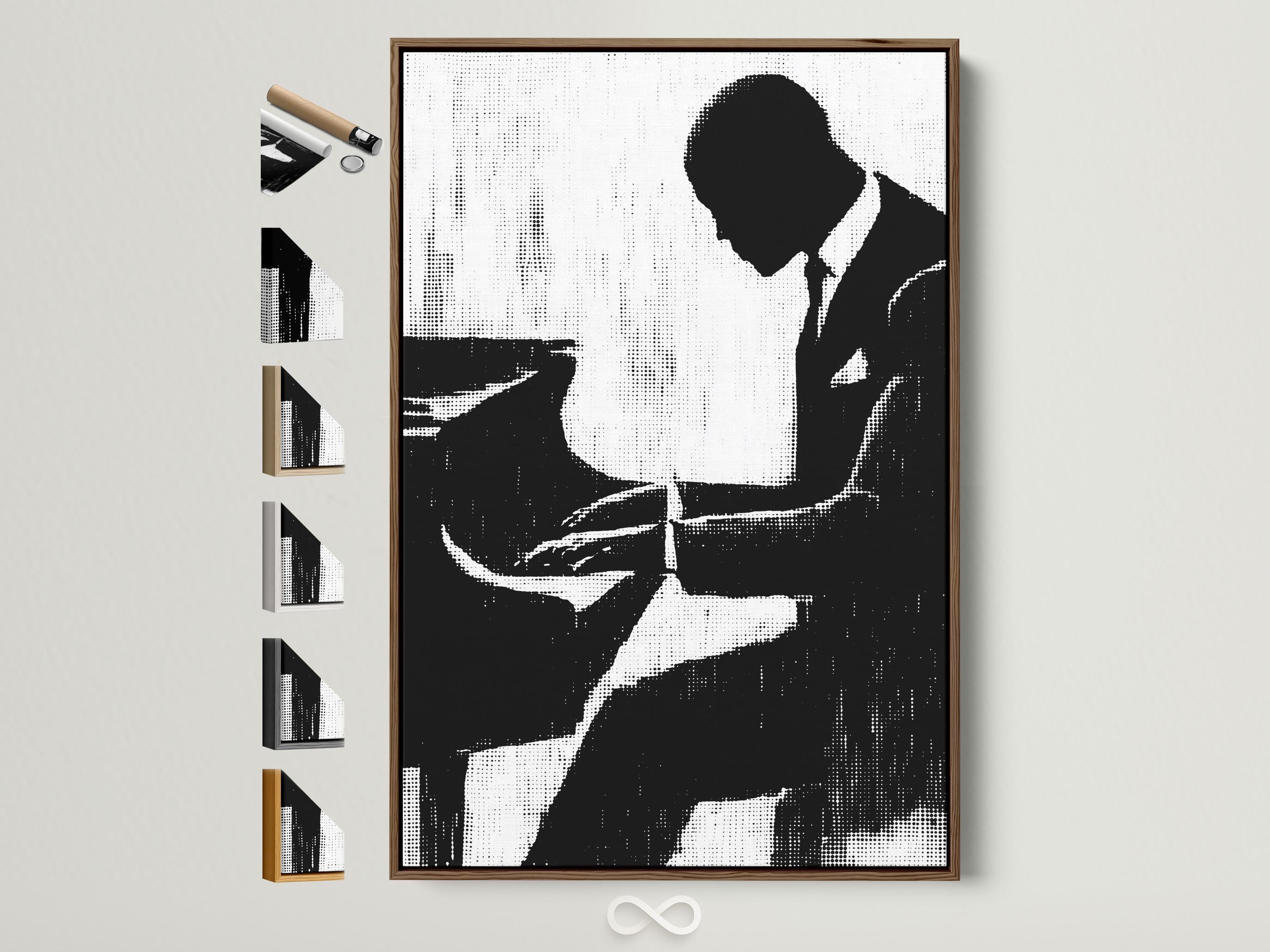 Black-and-white halftone musician silhouette holding a microphone