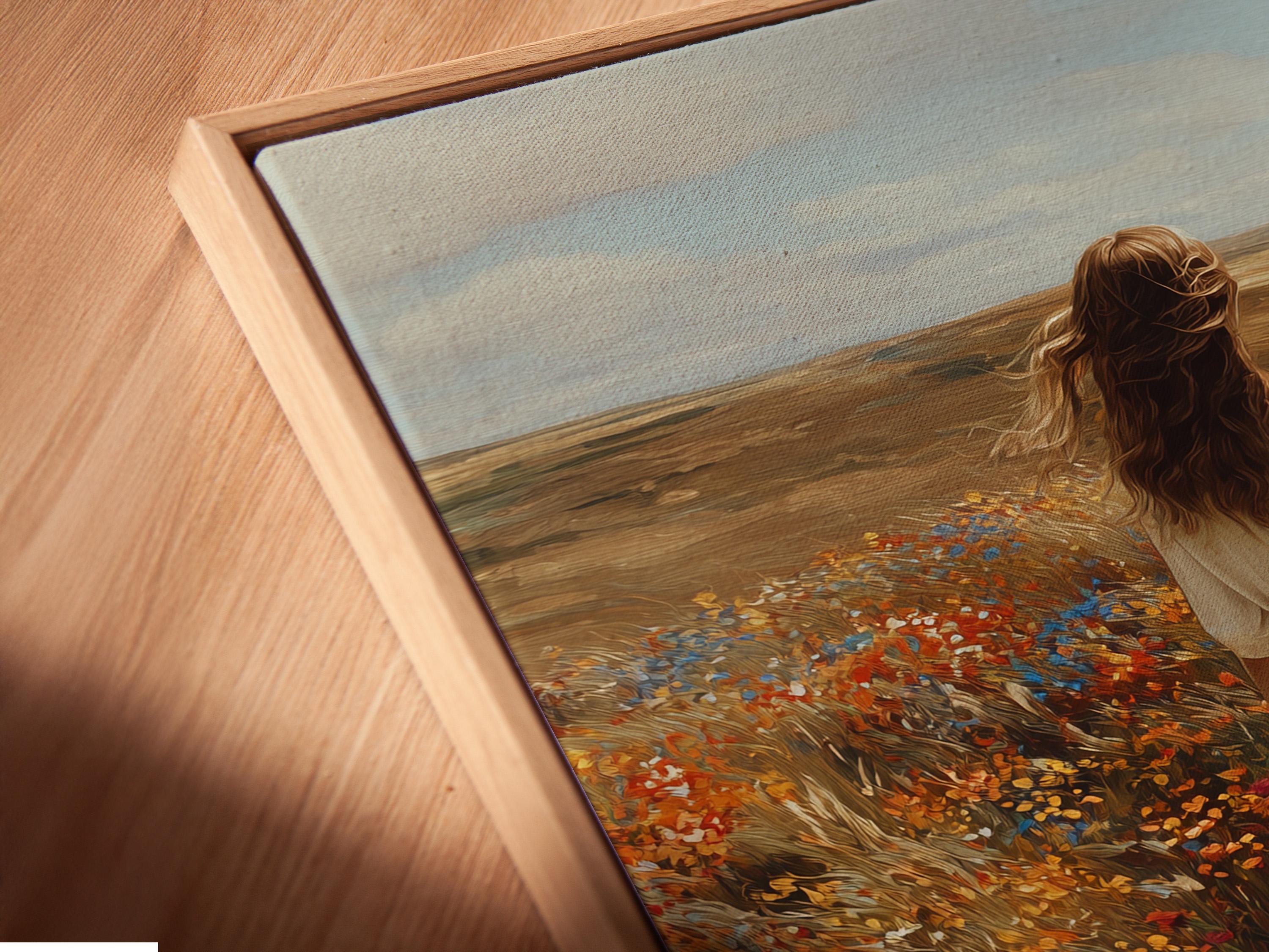 Mockup showing framed wildflower meadow artwork with a woman walking in a field of flowers