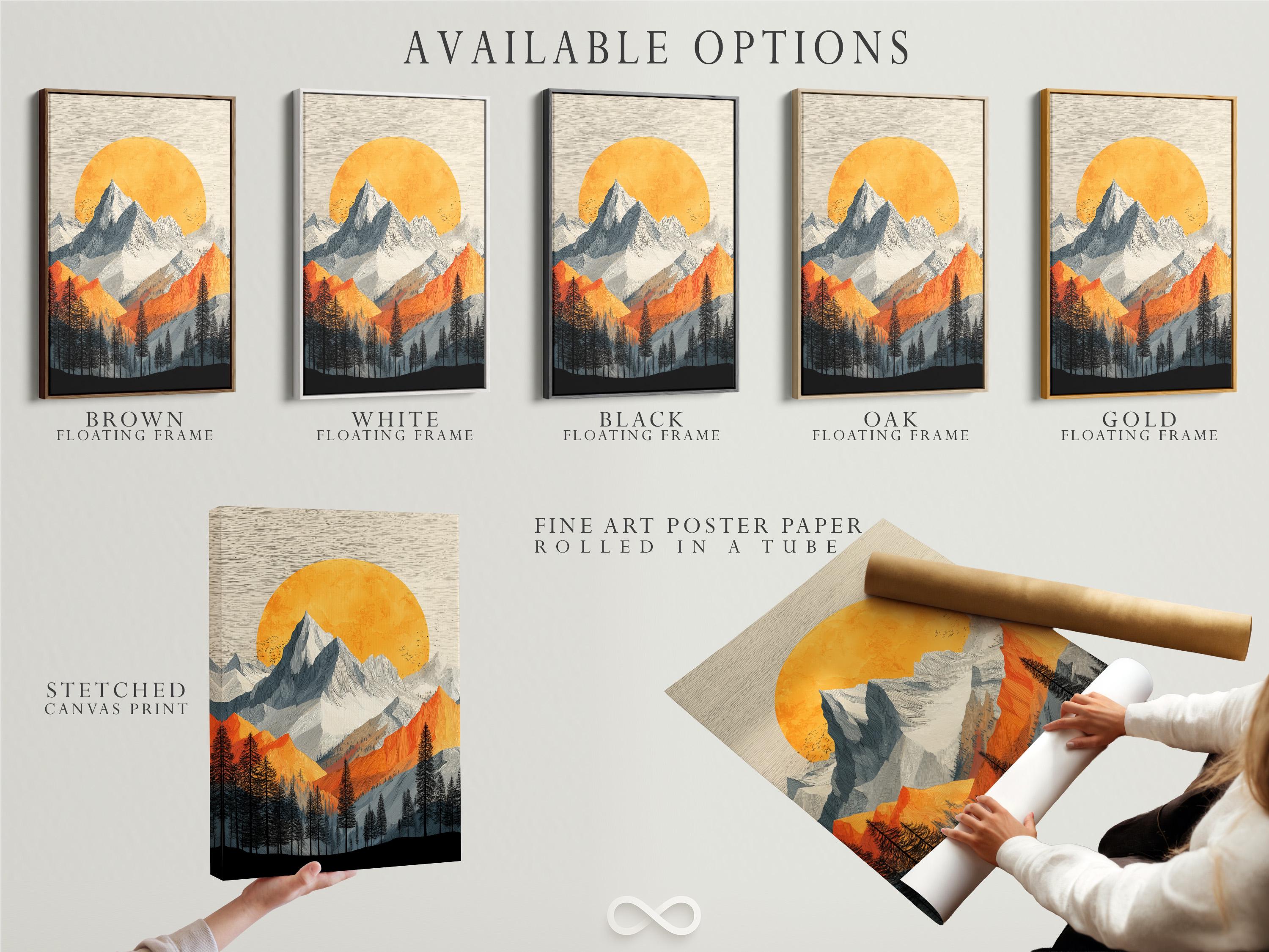 Stylised alpine mountain landscape with a large orange sun and pine tree silhouettes detail view
