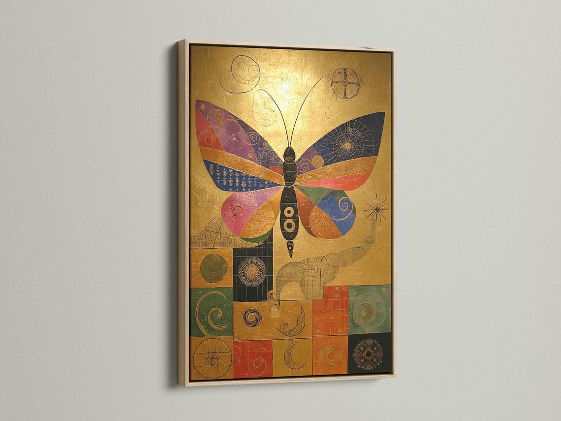 Artwork mockup showing a gold butterfly design in a frame with tile-like geometric details