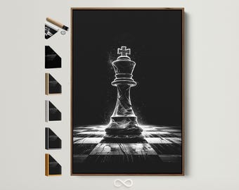 King Chess Piece Canvas Art - Modern Black and White Game Room Decor, Strategy Wall Art for Office, Study Space, Gift for Chess Lover