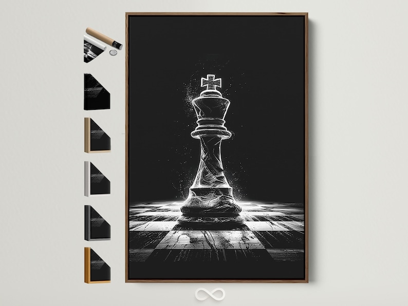 Black and white chess king illustration with a speckled background and perspective chessboard floor