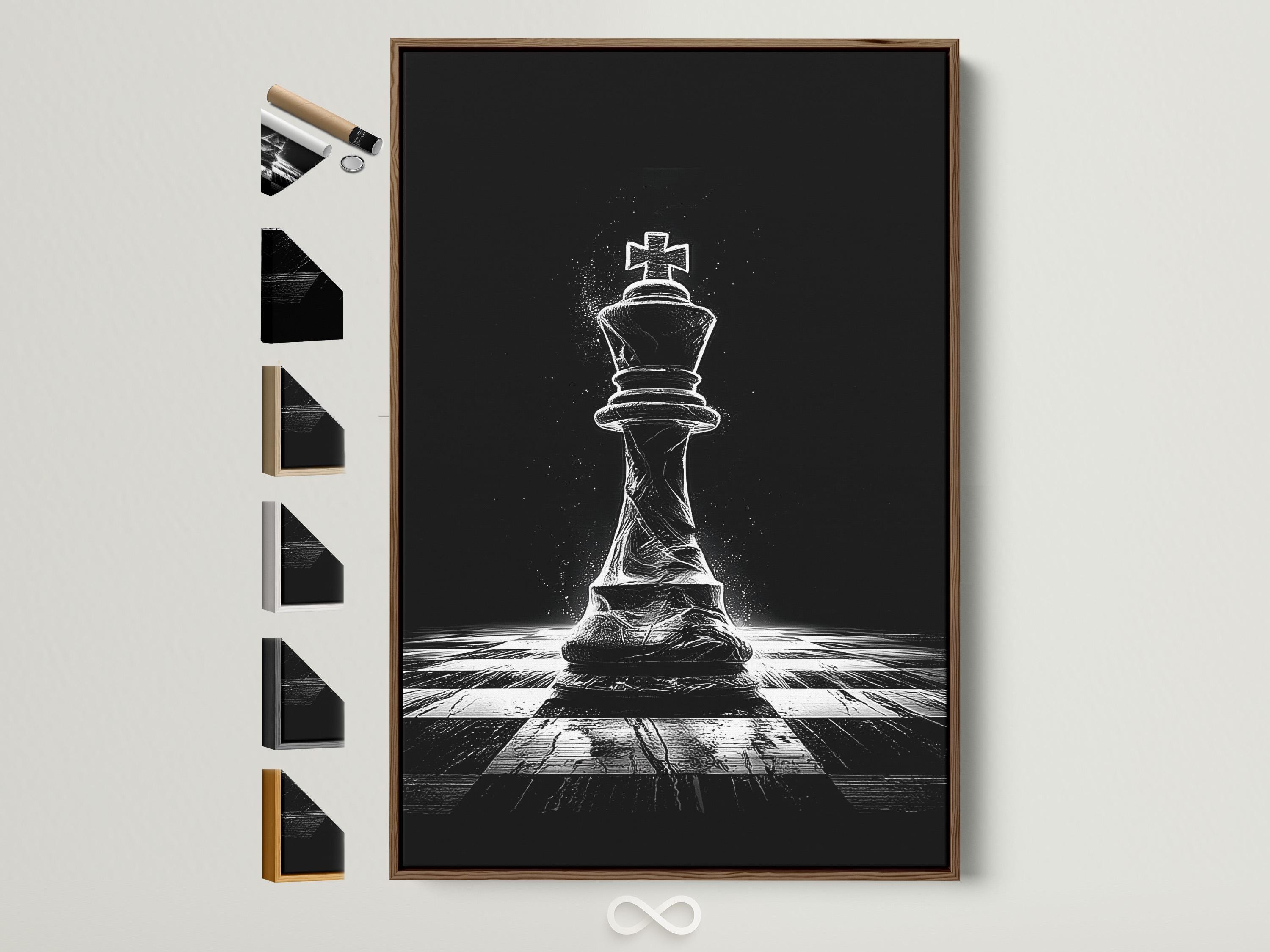 Black and white chess king illustration with a speckled background and perspective chessboard floor