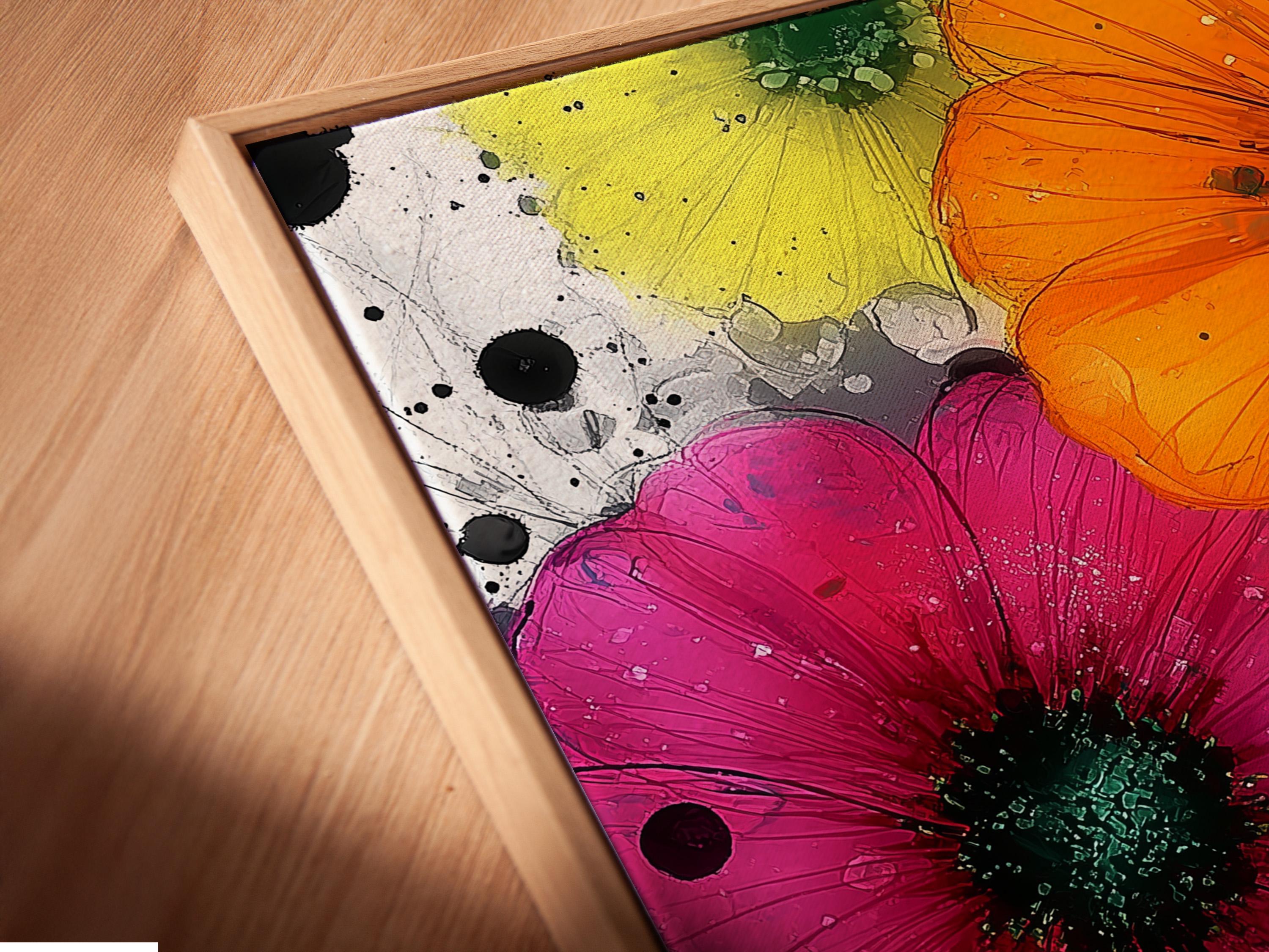 A vibrant, painterly floral composition shows three large stylised flowers with dark centres over white splatter-like backgrounds in pink, orange