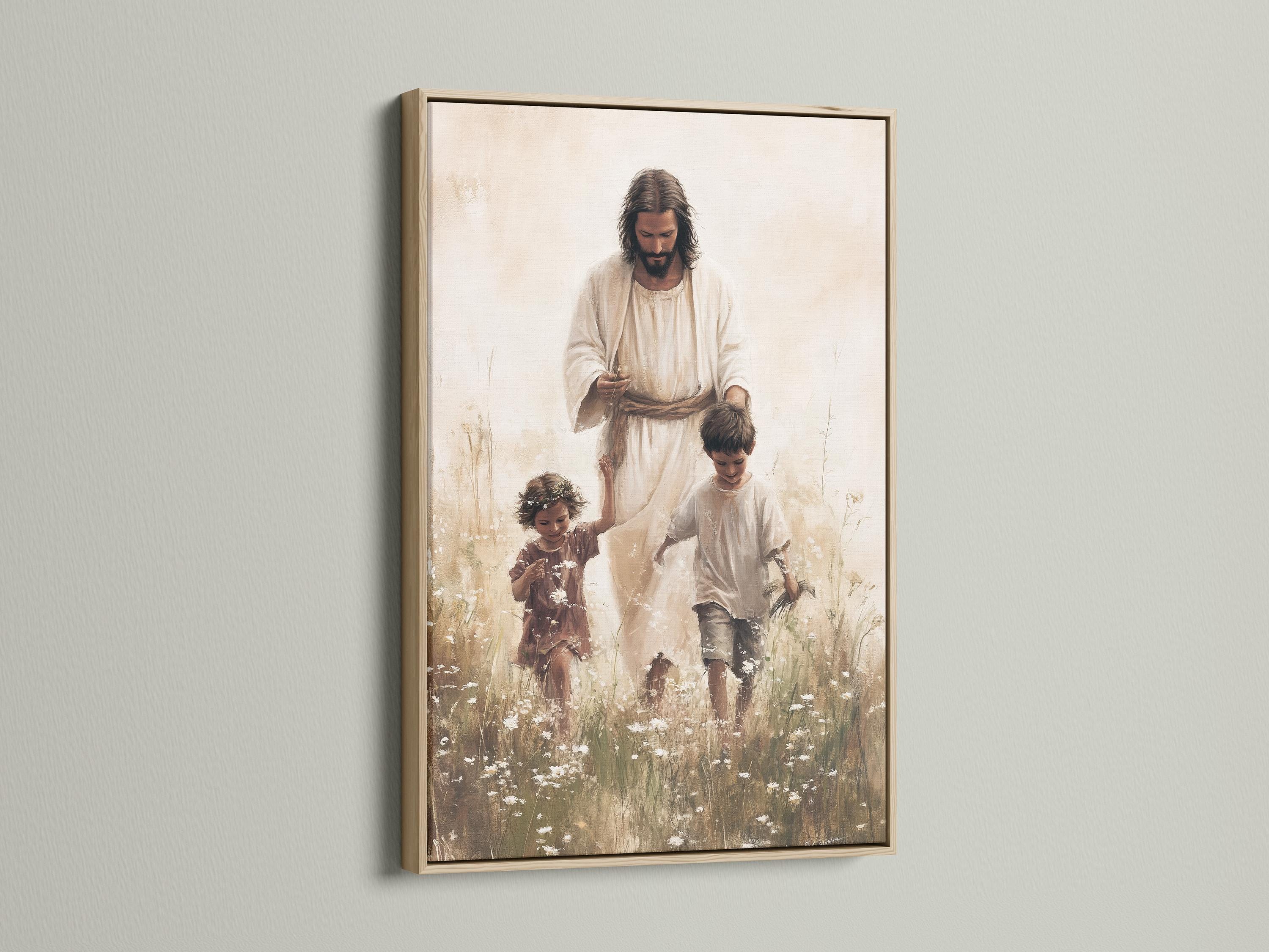 Jesus in pale robes with two children in a grassy field with scattered white blossoms detail view