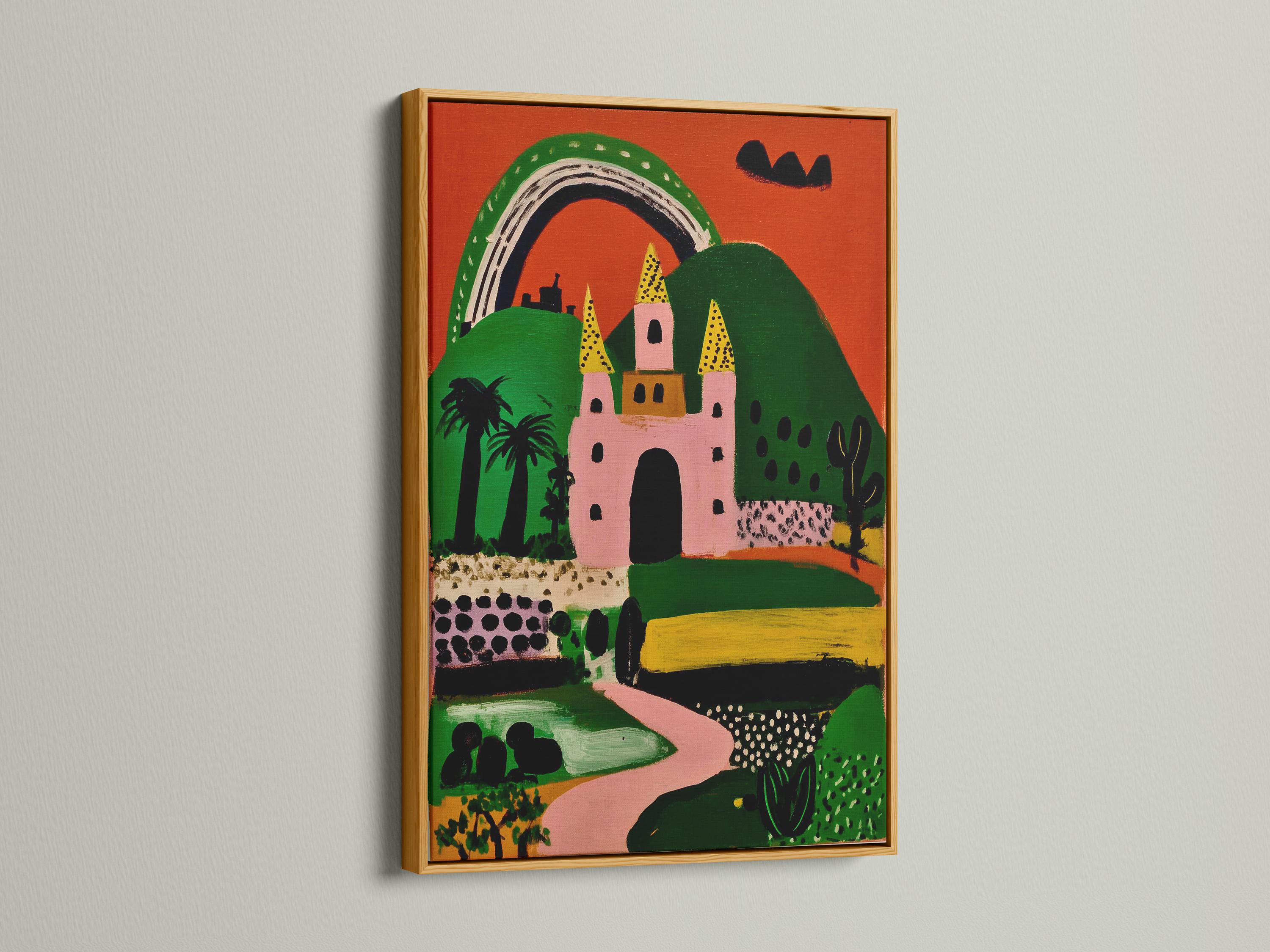 Whimsical pink and green castle with a rainbow arch and yellow tower shapes detail view
