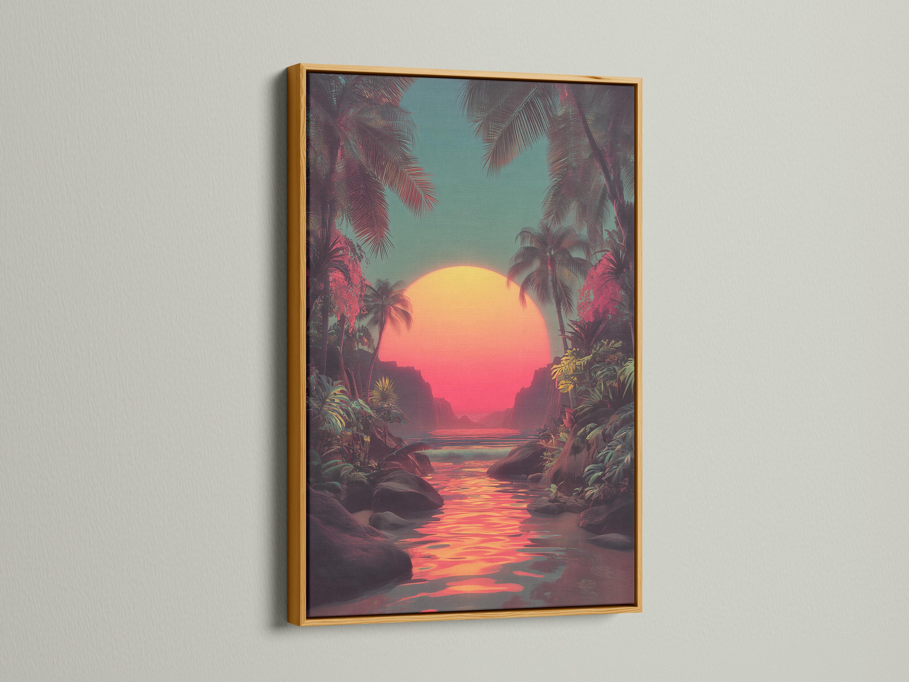 Mockup showing a framed retro tropical sunset seascape with palm trees and reflective water