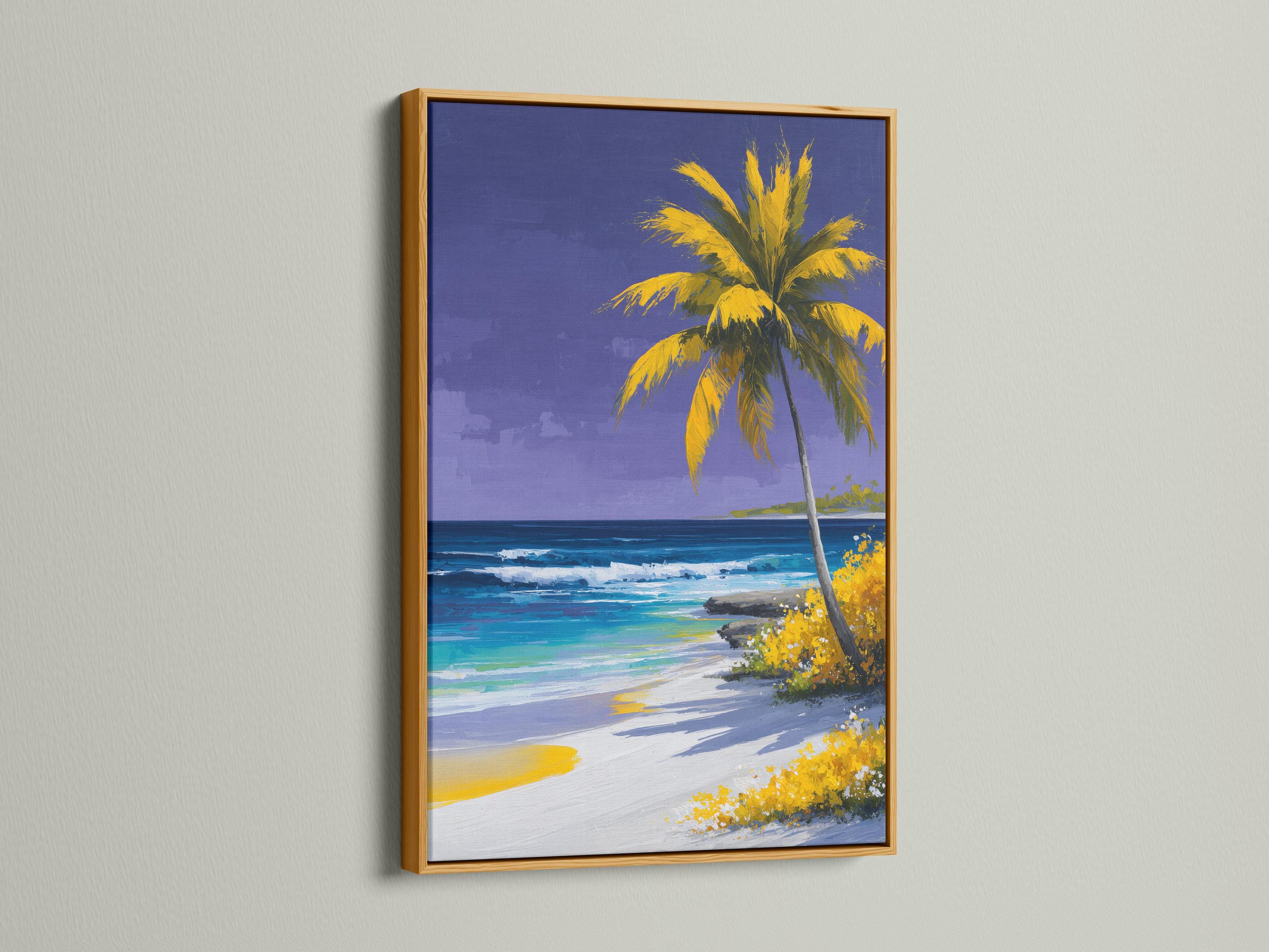 Painterly palm tree on a tropical beach with purple-blue sky and turquoise ocean detail view