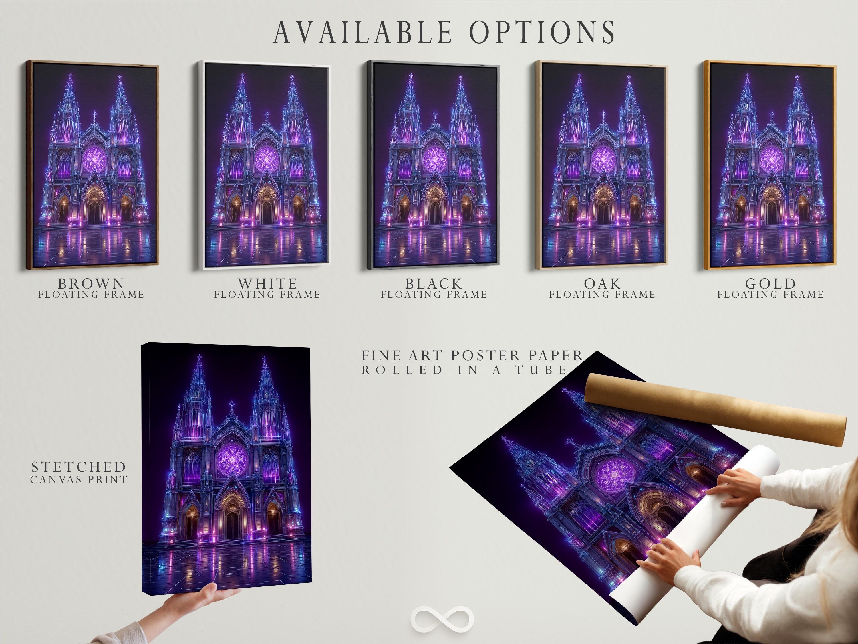 Neon purple and blue gothic cathedral façade with glowing rosette window and reflections detail view