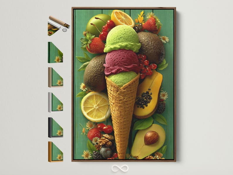 A vivid illustration shows an ice-cream cone filled with green, pink and brown scoops, topped with surrounding fruit and small flowers on a teal