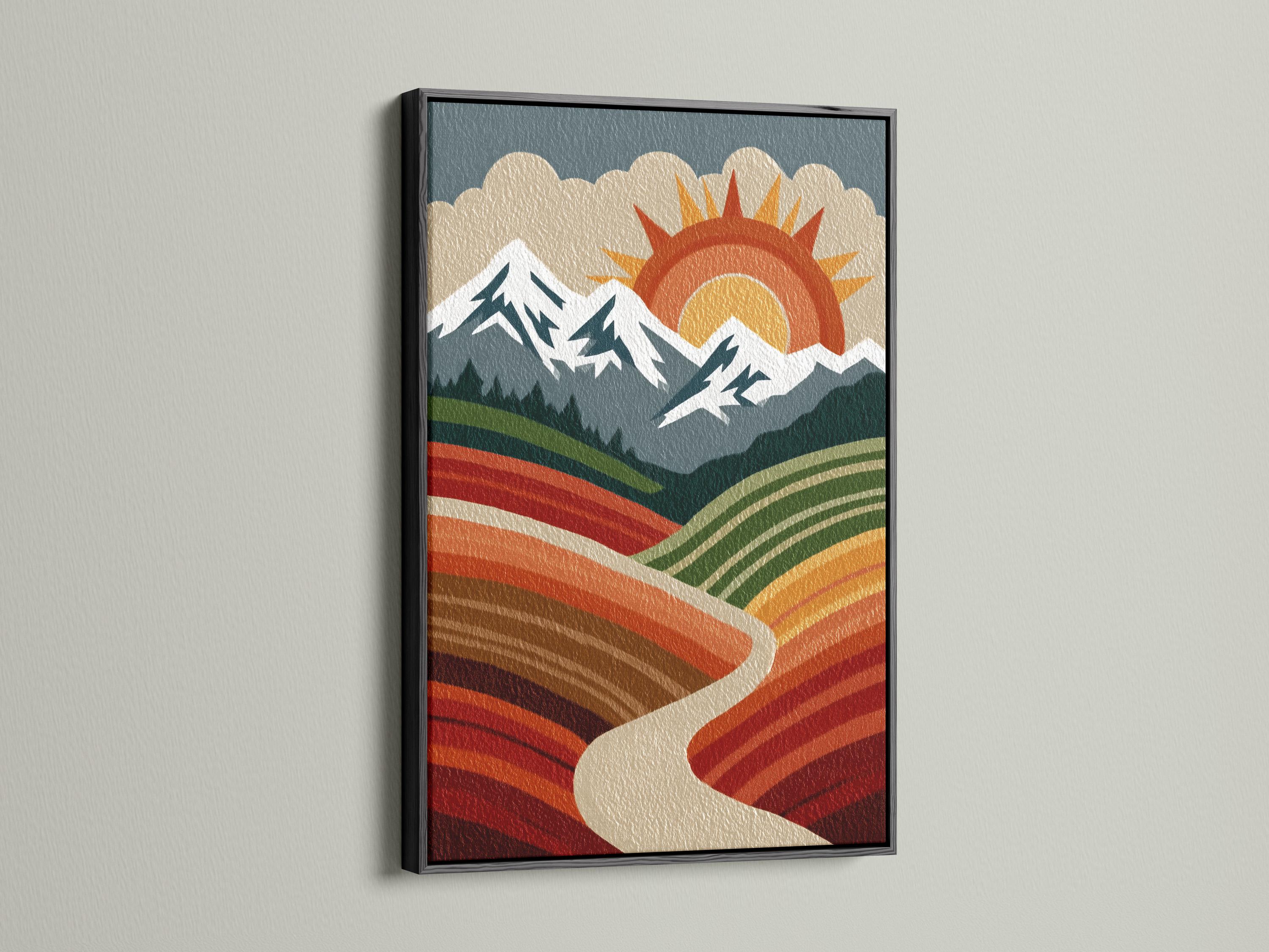 A stylised mountain landscape sits beneath a large retro sun, with layered fields of striped colour and jagged ridge lines detail view