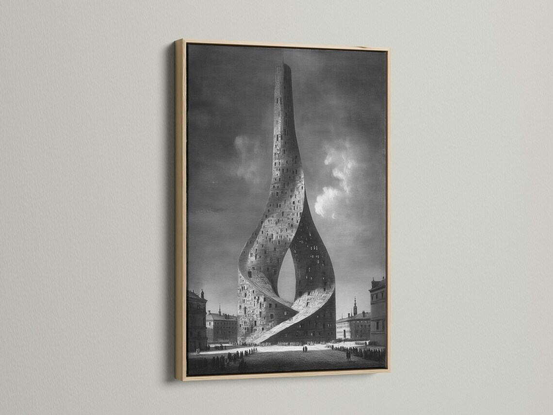 A monochrome cityscape shows a towering building formed into a surreal twisting ribbon shape with small crowds and dark skyline blocks detail view