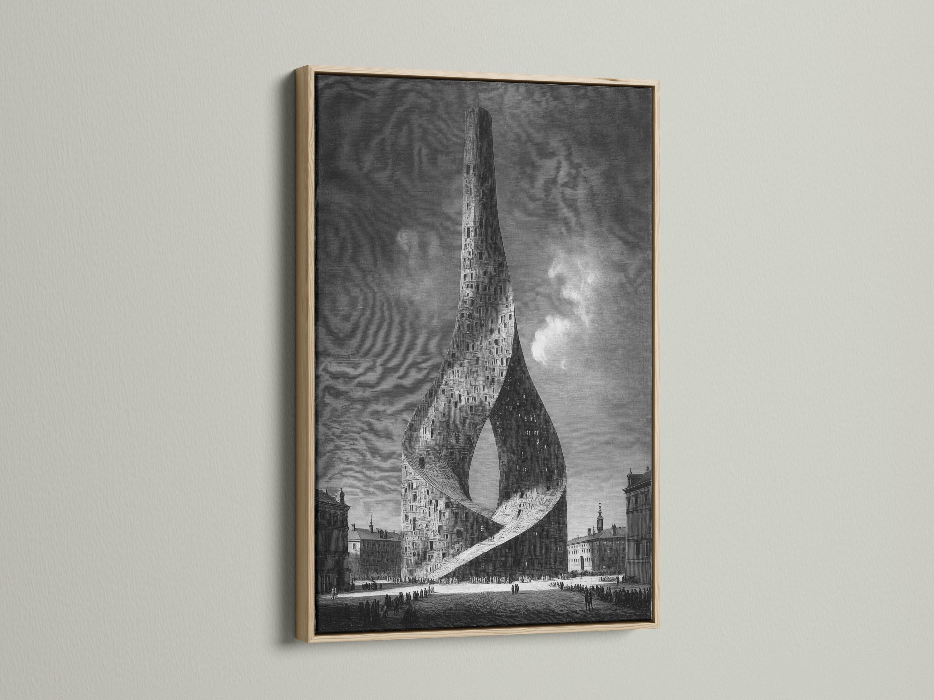 A monochrome cityscape shows a towering building formed into a surreal twisting ribbon shape with small crowds and dark skyline blocks detail view