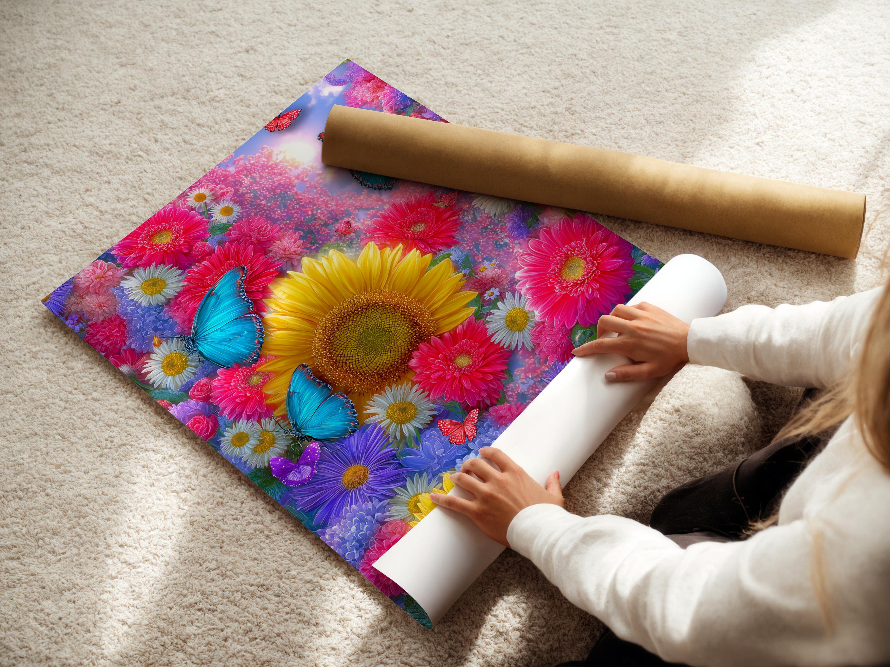 Framed butterfly and sunflower floral artwork mockup on a neutral background