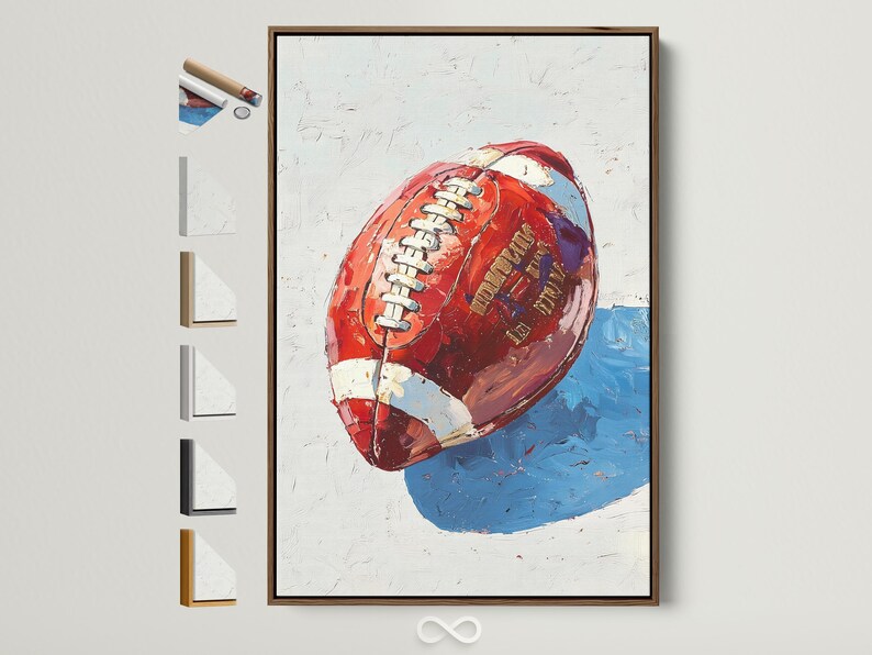 Stylised red and blue football artwork with a helmet-like face and stripe details