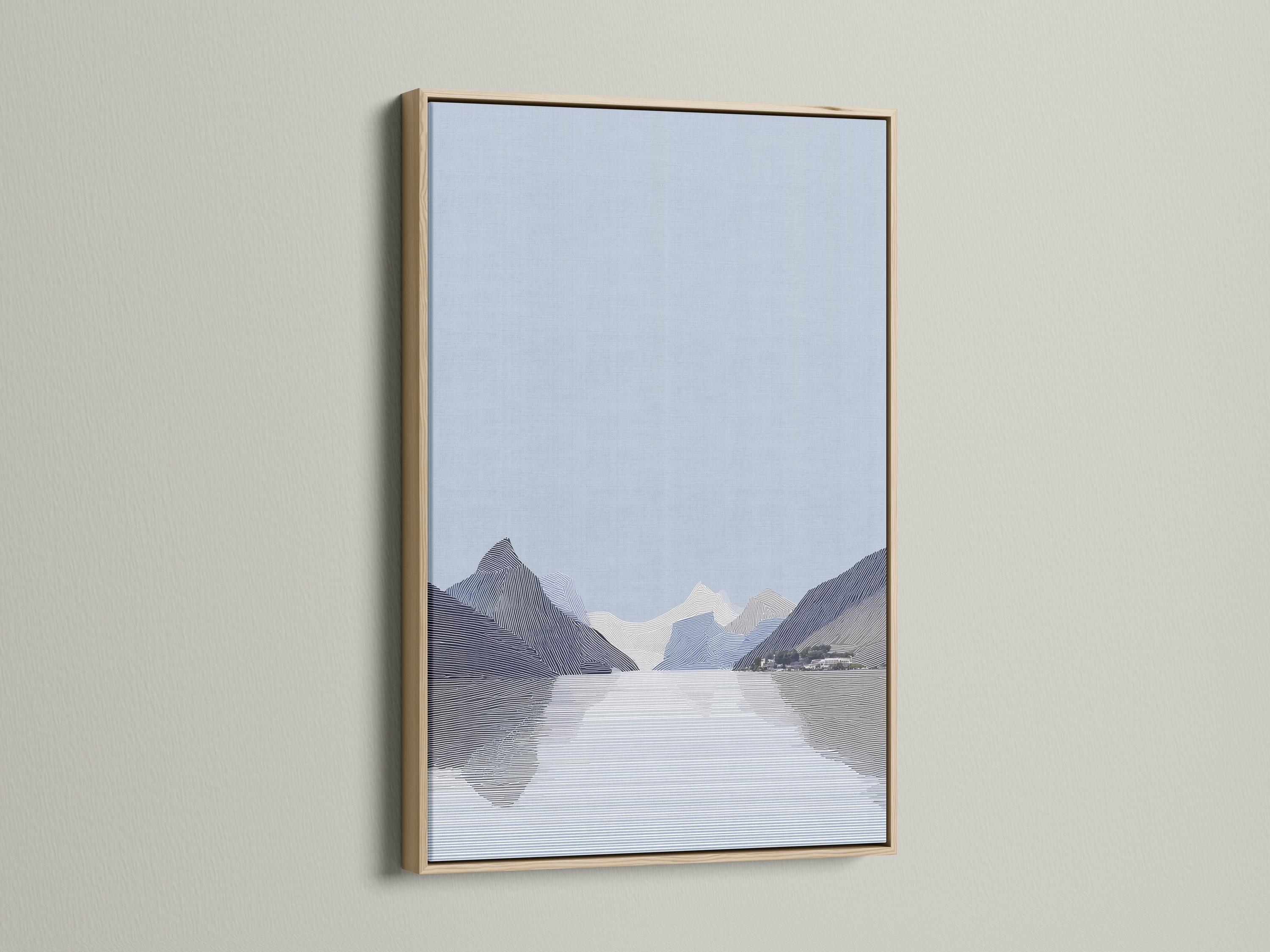 Person viewing an abstract mountain artwork in a modern room mockup