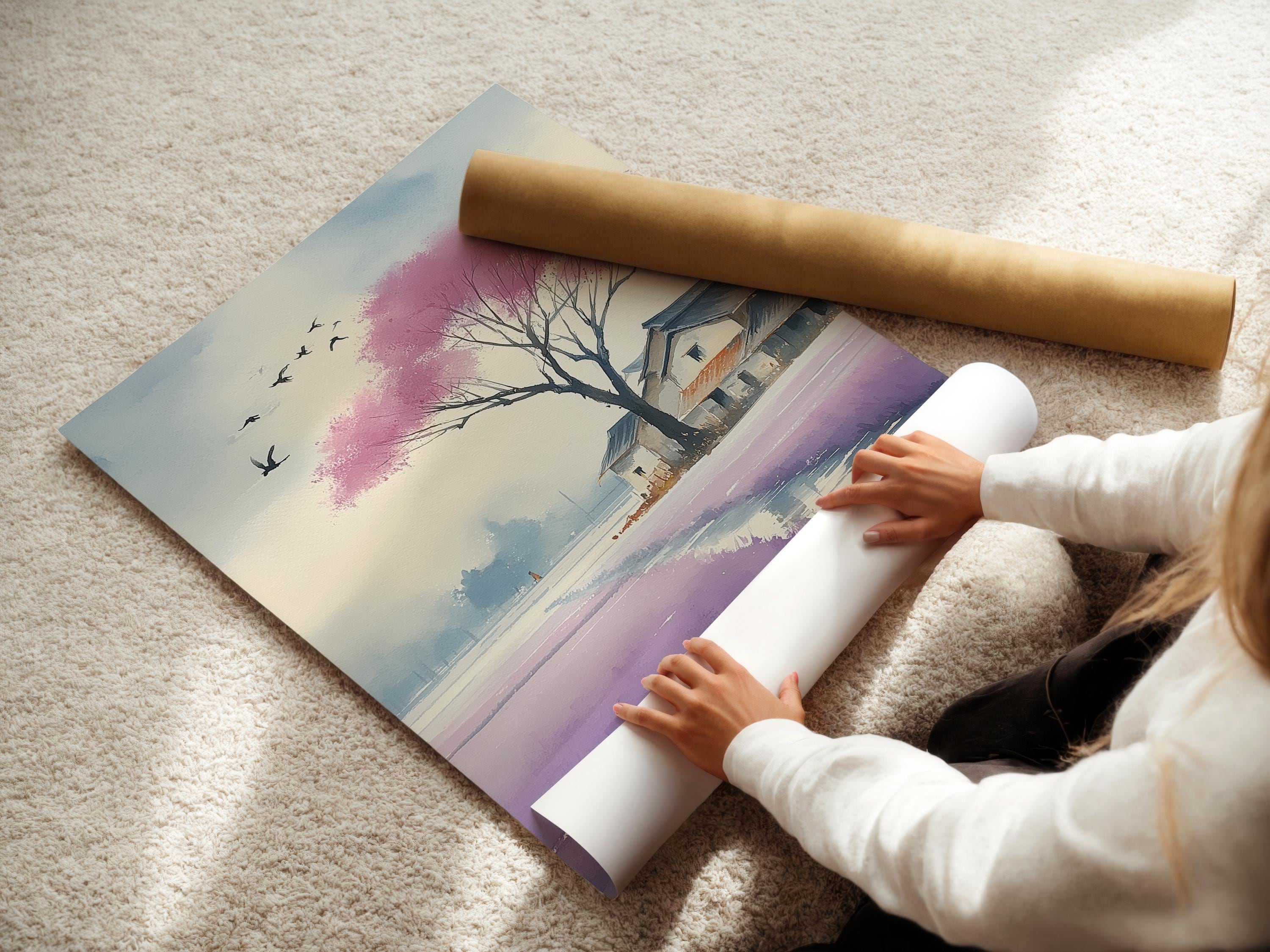 Blossoming pink cherry blossom tree landscape with birds and distant houses detail view