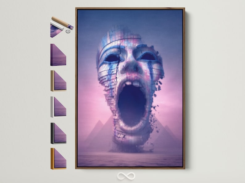 Surreal textured face in blue and pink-violet tones with dark eye and mouth shadows