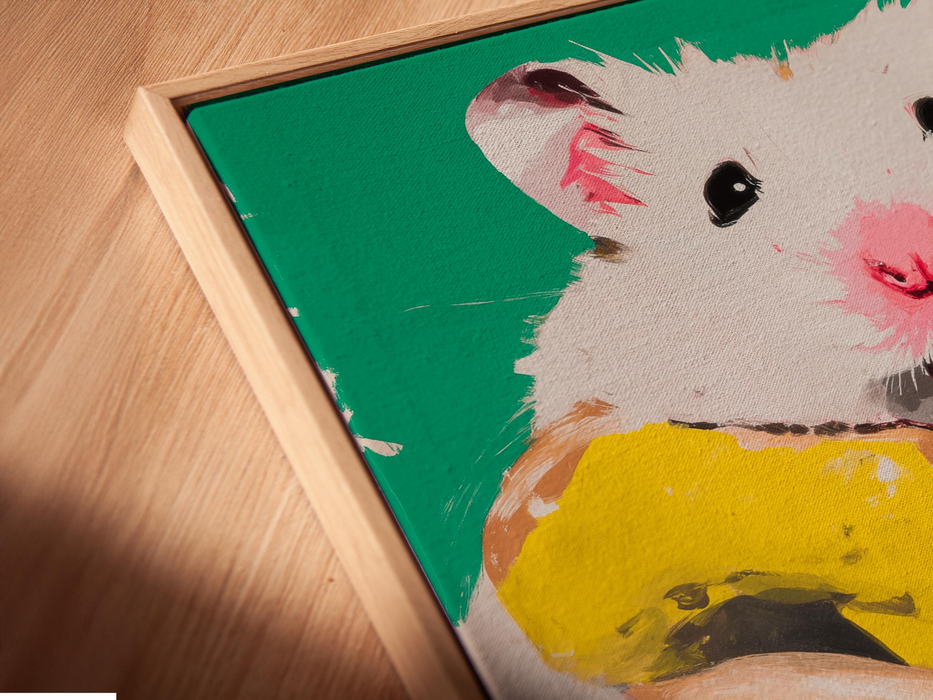Cute hamster portrait holding a pink donut on a bright green background detail view