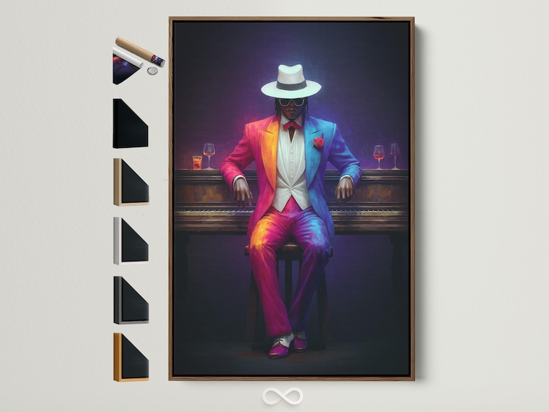 Neon-lit seated gentleman portrait in a hat with glowing wine glasses