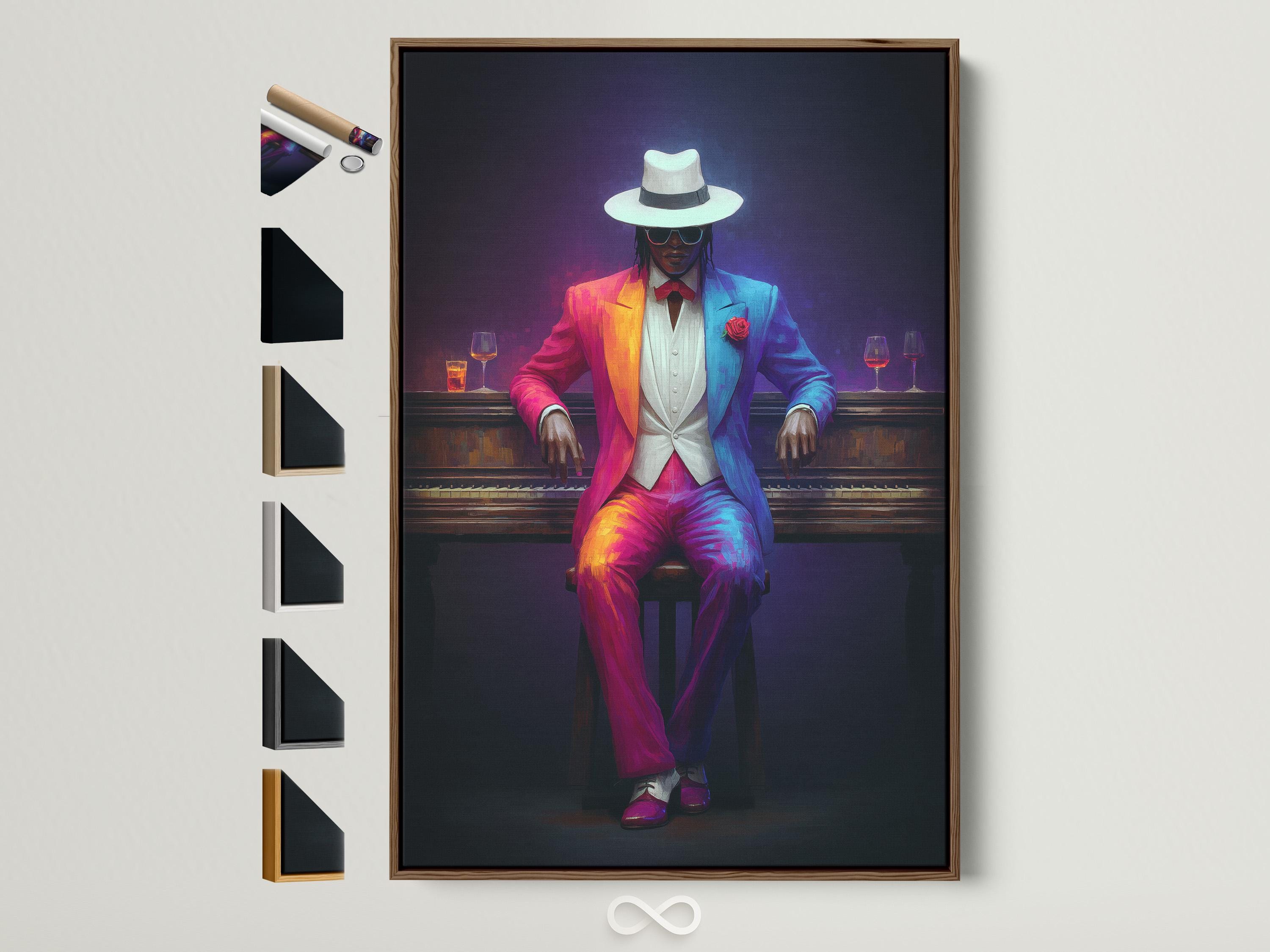 Neon-lit seated gentleman portrait in a hat with glowing wine glasses