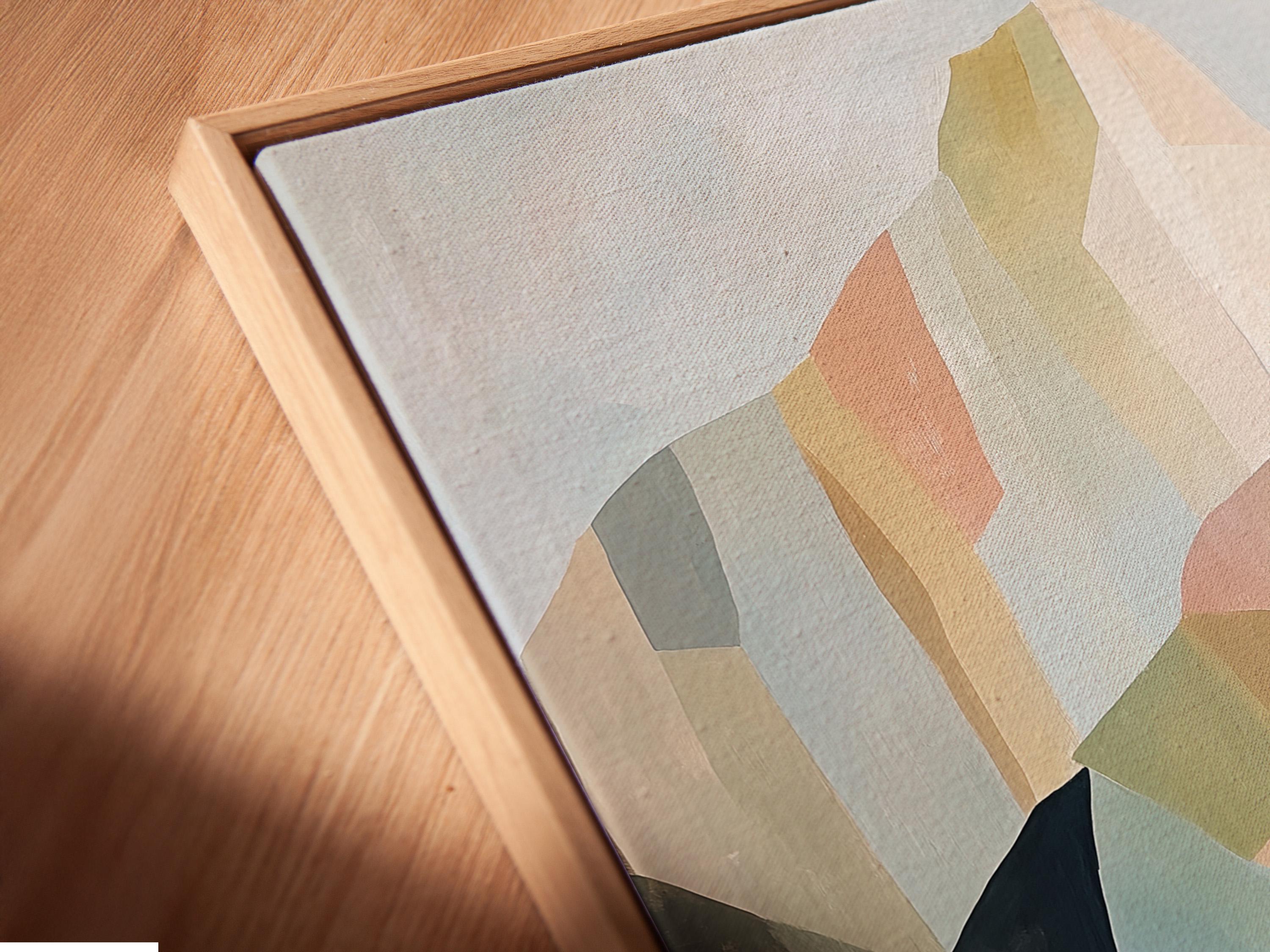 A pastel geometric mountain scene features layered cliffs and soft slopes with four silhouetted figures gathered in the foreground detail view