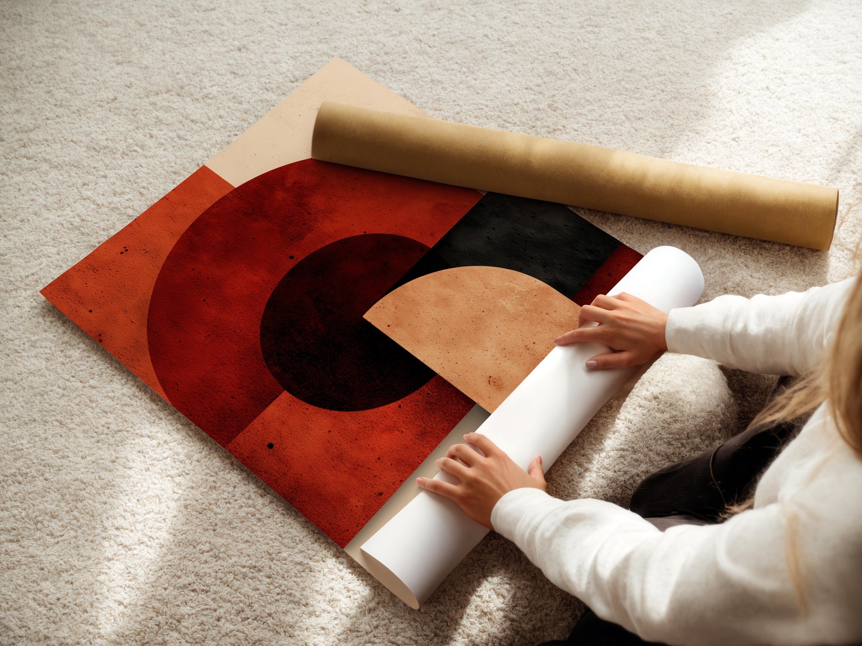 Abstract geometric artwork in a framed setup with rust red, beige and charcoal circles