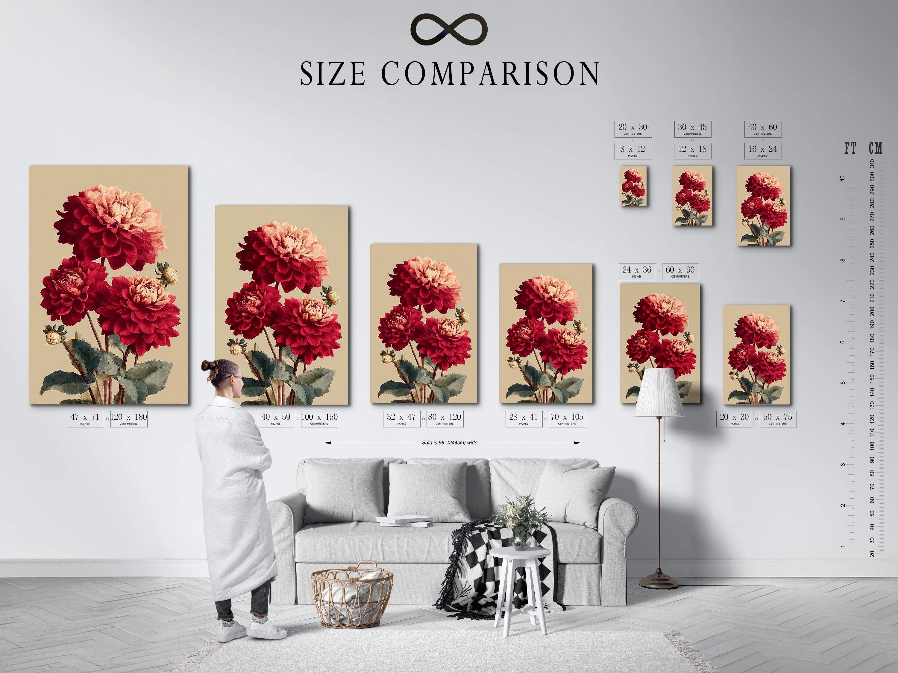 Room mockup featuring framed artwork with burgundy and pale pink dahlias and dark green leaves on a cream background