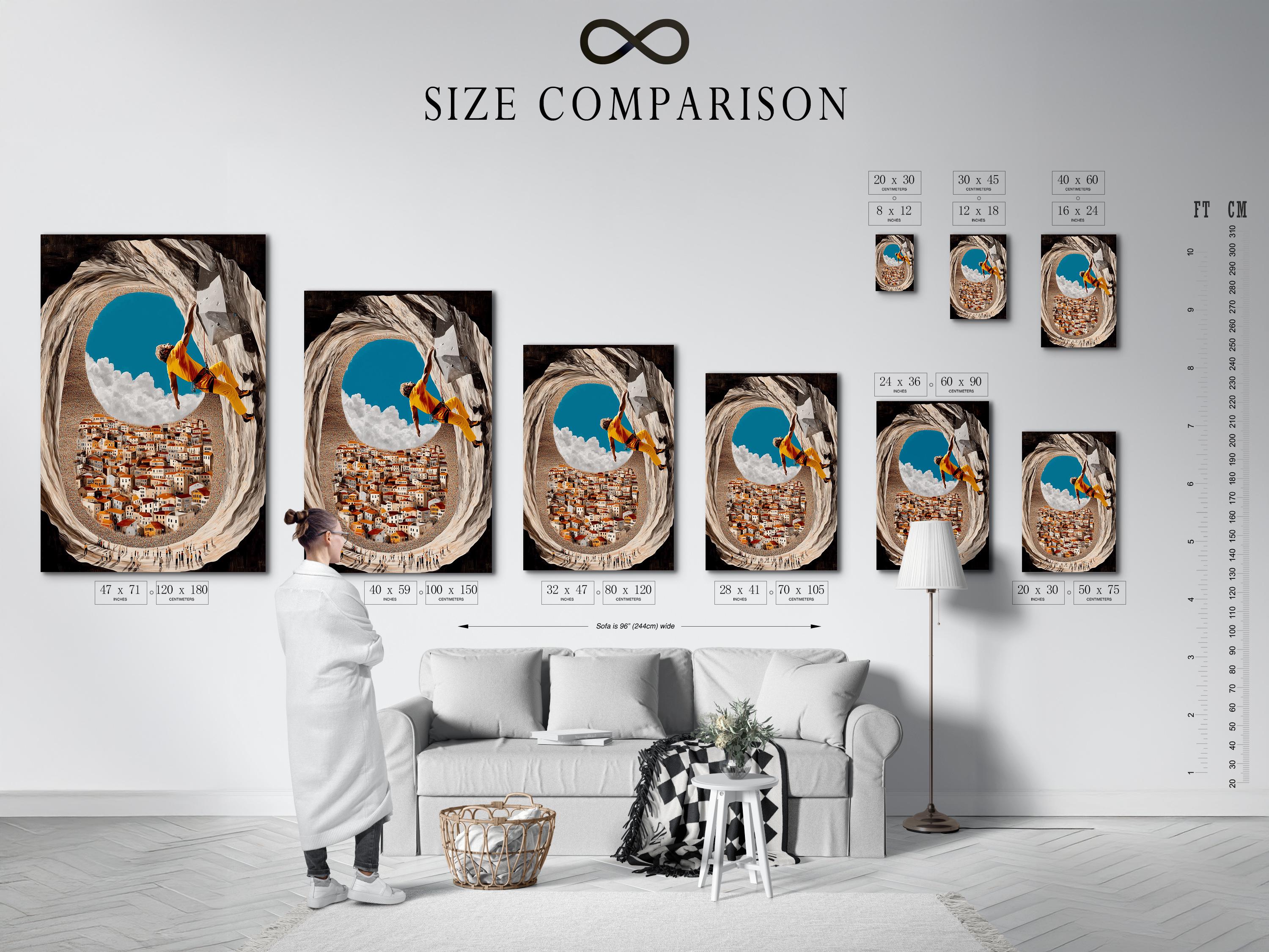 Wall art mockup showing a framed climber scene hanging on a wall among other frame options