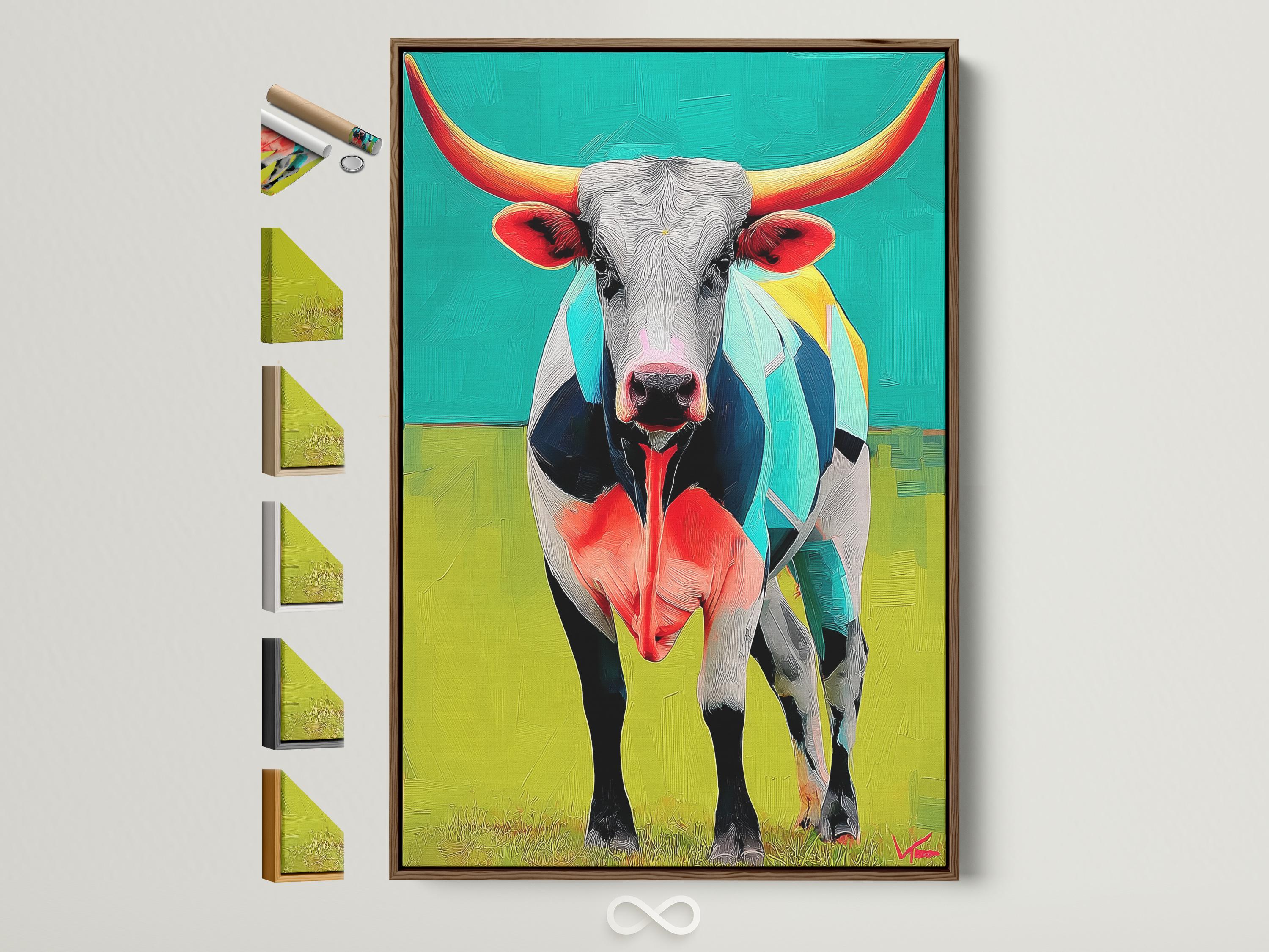 Room mockup with a framed longhorn steer artwork on a wall above a green upholstered sofa and dining table